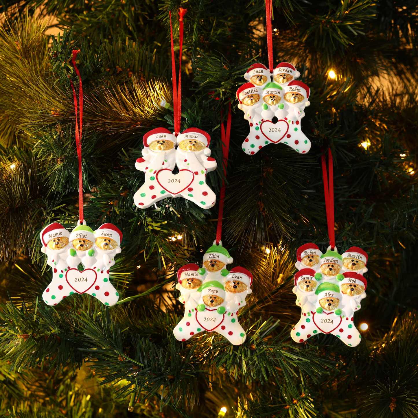 Décoration Sapin Noël en Résine 2 Prénoms Personnalisé avec Texte Ornement Ours pour Famille | Jessemade