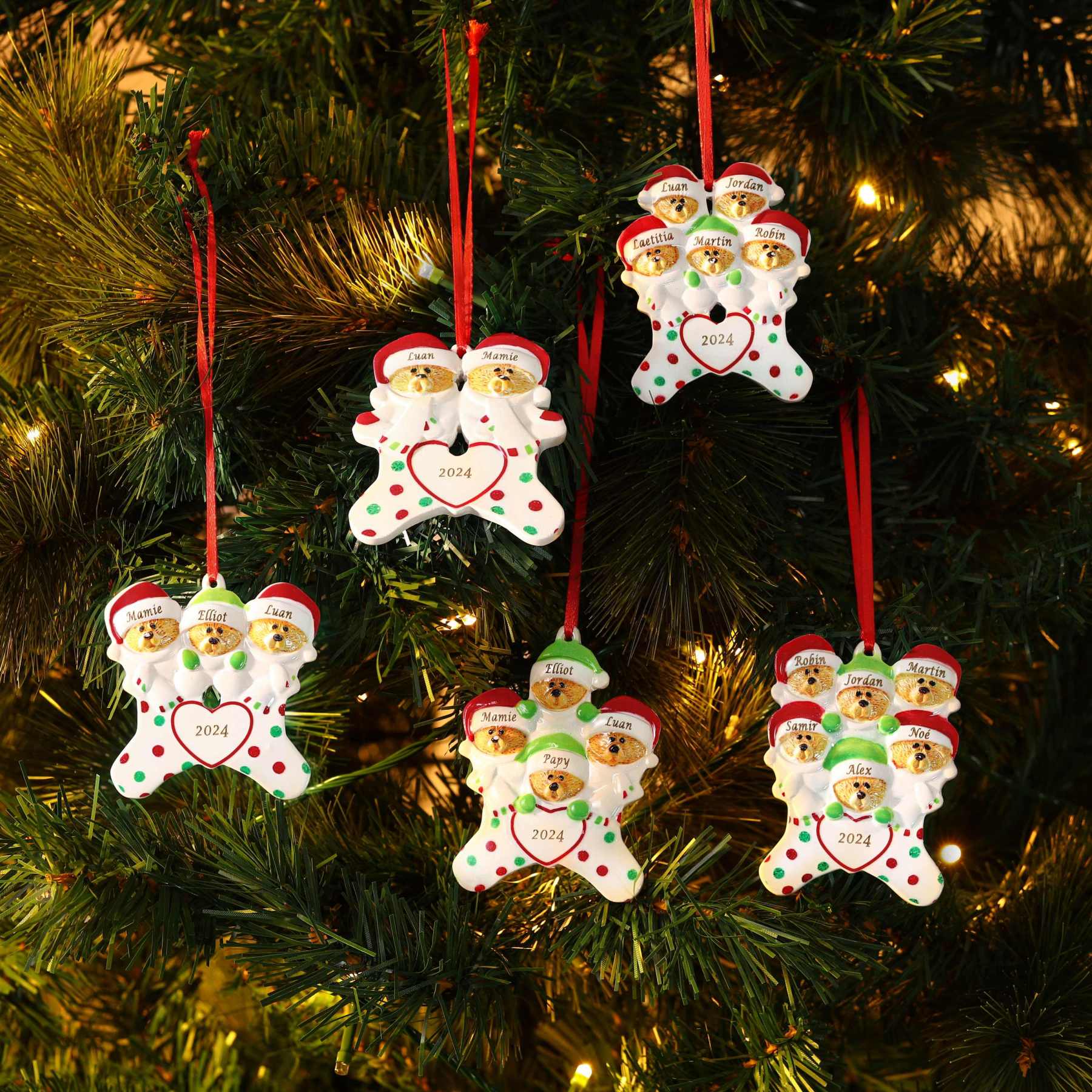 Décoration Sapin Noël en Résine 2 Prénoms Personnalisé avec Texte Ornement Ours pour Famille | Jessemade