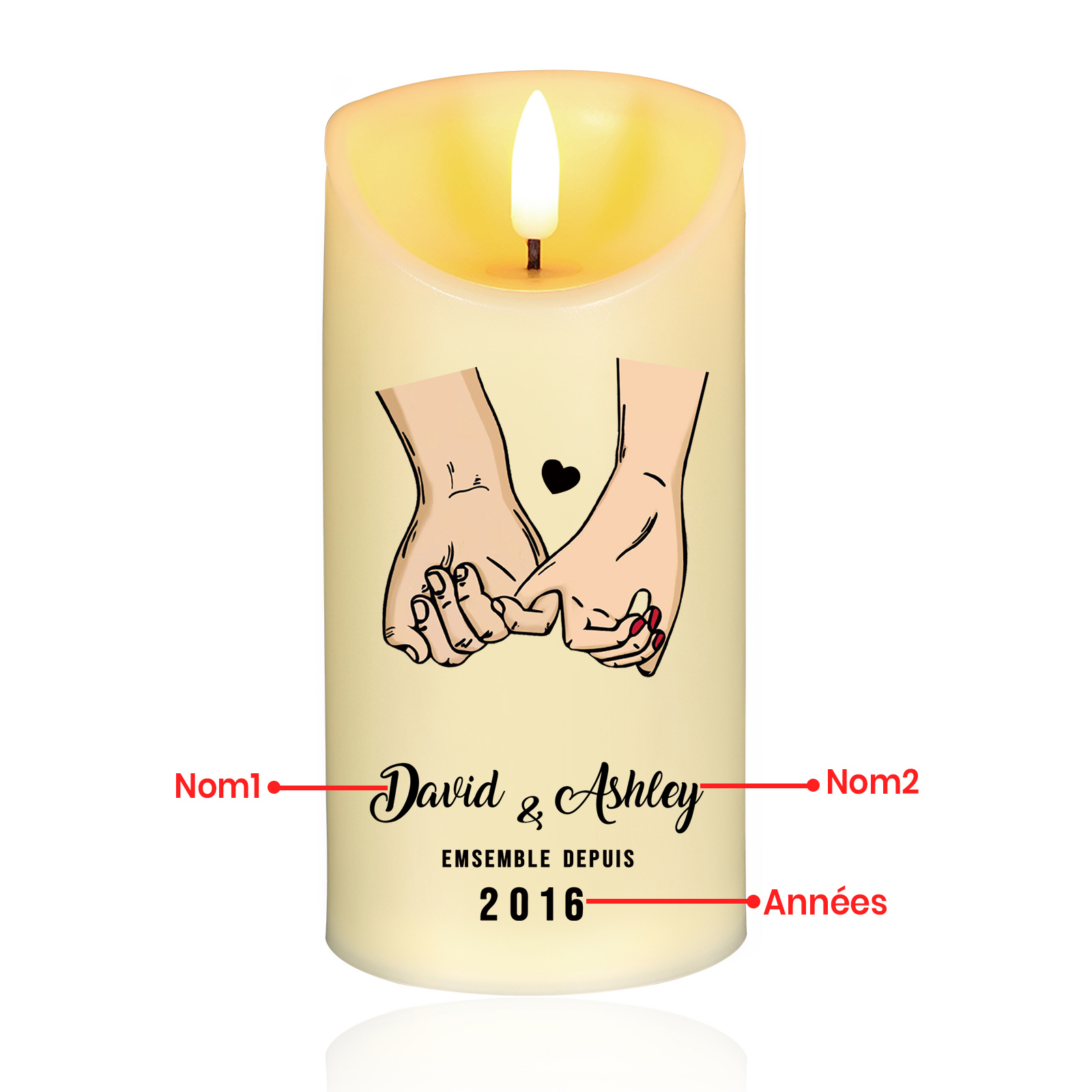 Bougie Électronique 2 Prénoms et Années Personnalisés Bougie LED Cadeau Coffret pour Couple | Jessemade