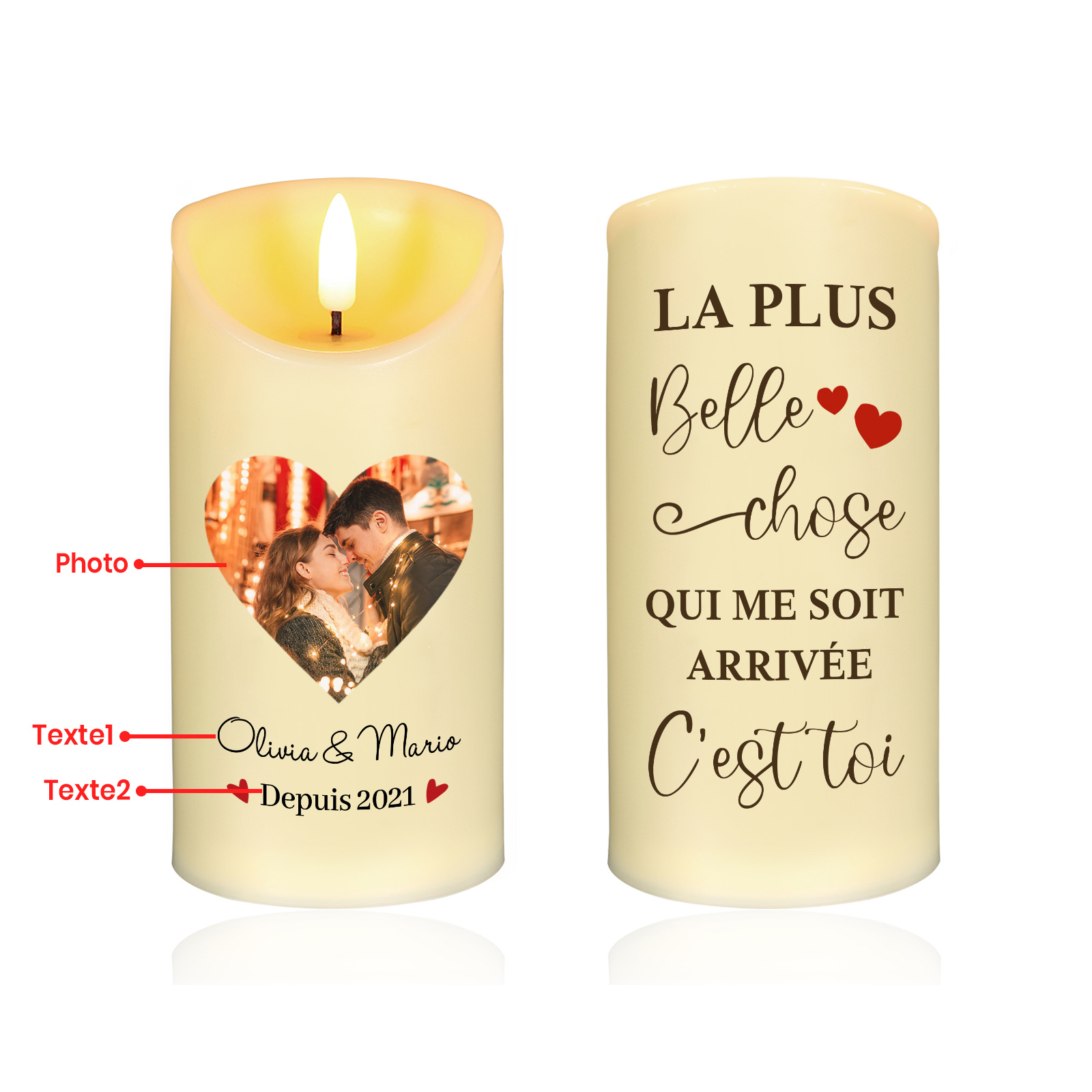 Bougie Électronique 2 Textes Personnalisés avec Photo Bougie LED Cadeau Coffret pour Couple | Jessemade