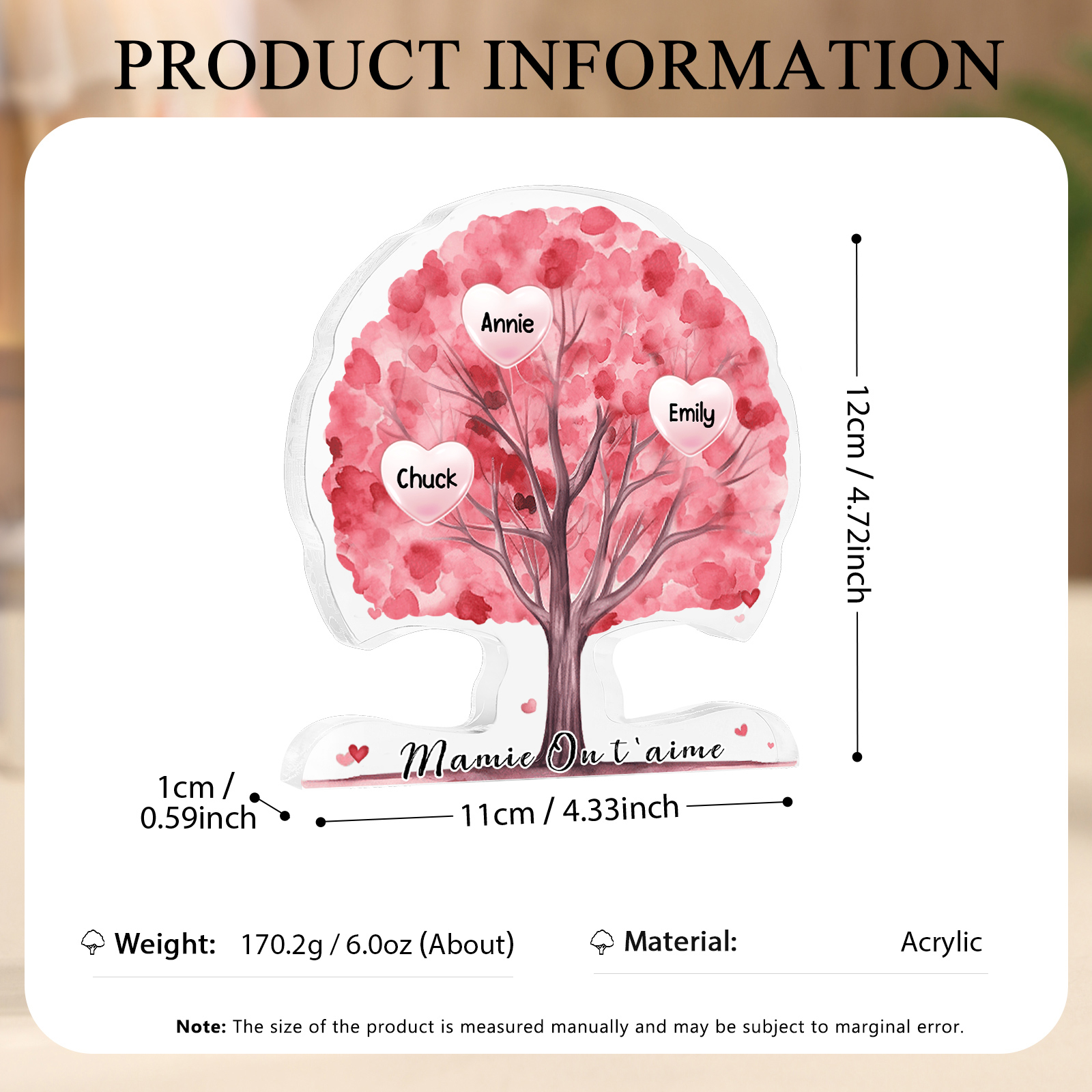 À Mamie - Plaque Acrylique en Forme d'Arbre de Vie Personnalisé avec 3 Prénoms et Texte Cadeau pour Famille | Jessemade