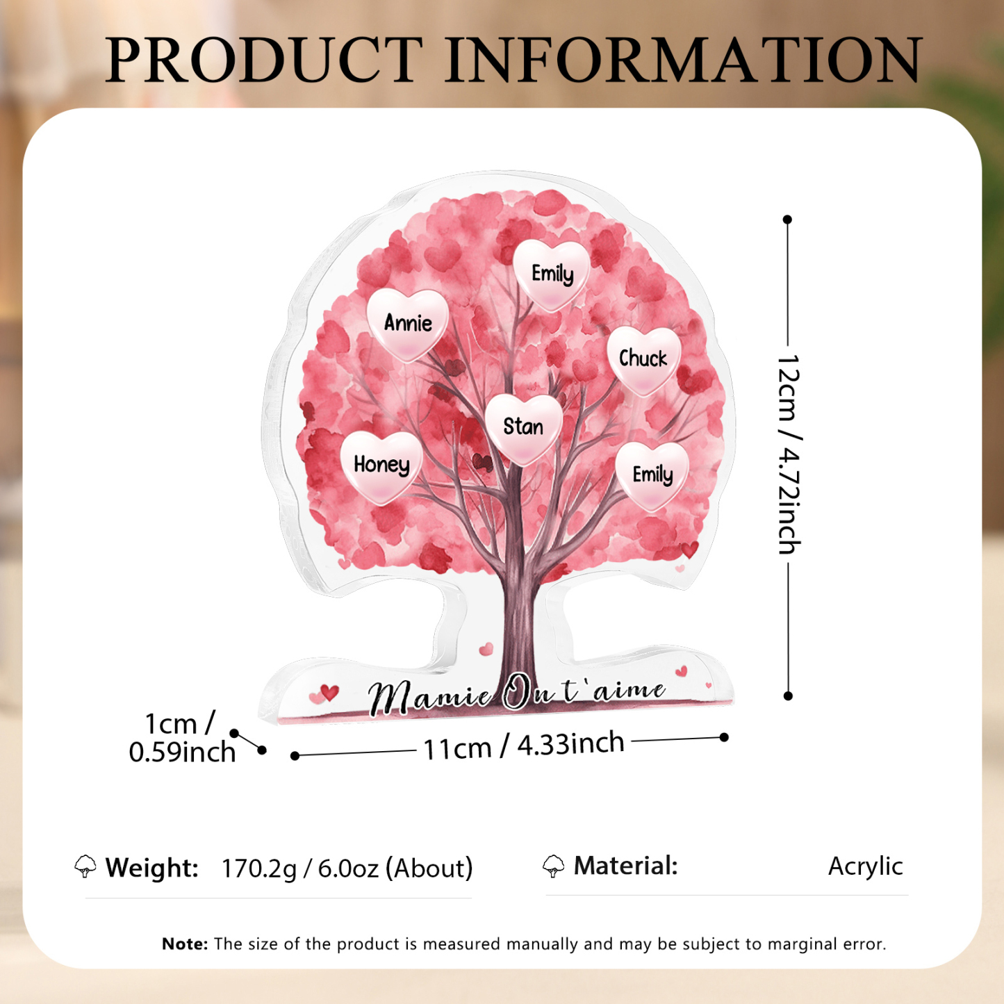 À Mamie - Plaque Acrylique en Forme d'Arbre de Vie Personnalisé avec 6 Prénoms et Texte Cadeau pour Famille | Jessemade