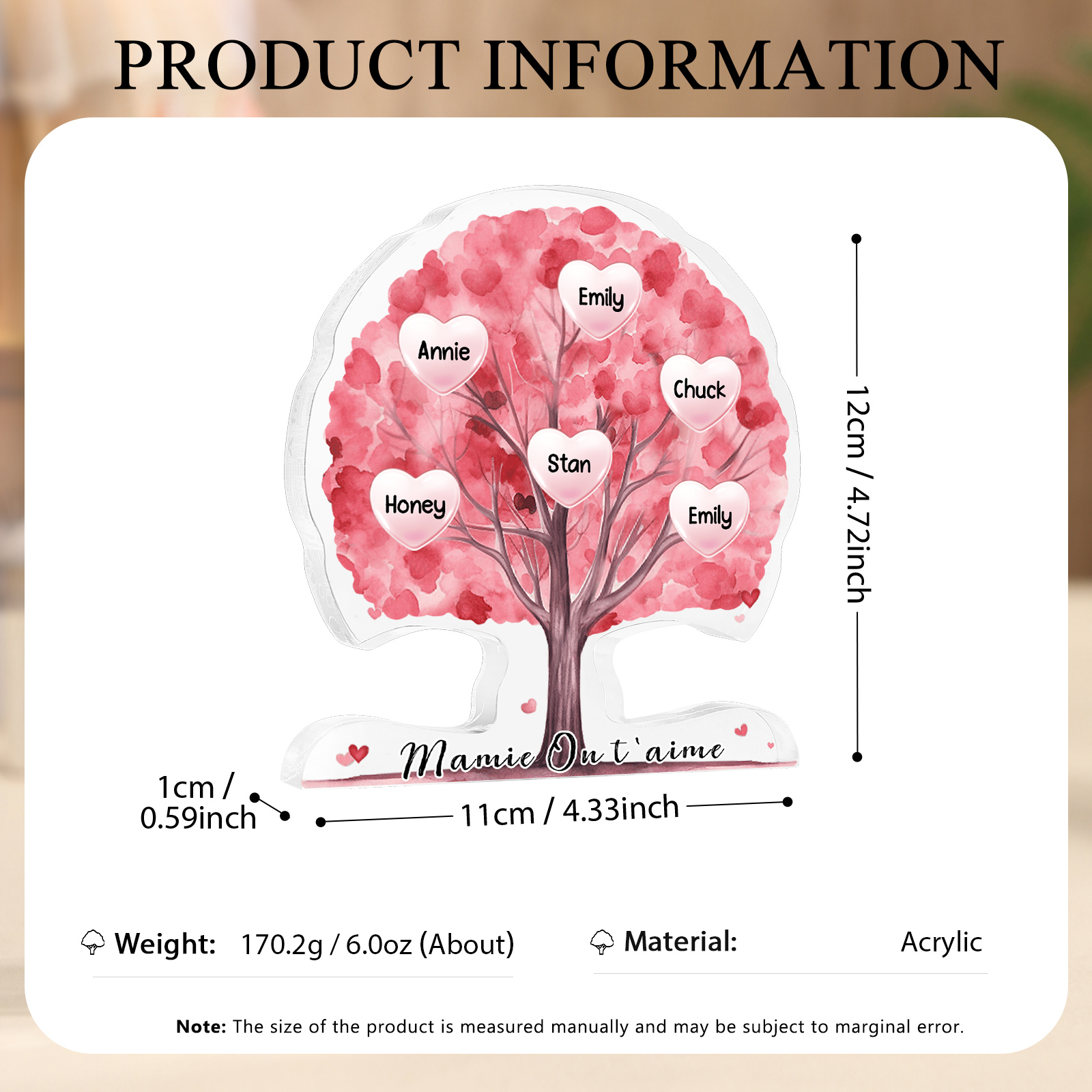 À Mamie - Plaque Acrylique en Forme d'Arbre de Vie Personnalisé avec 6 Prénoms et Texte Cadeau pour Famille | Jessemade