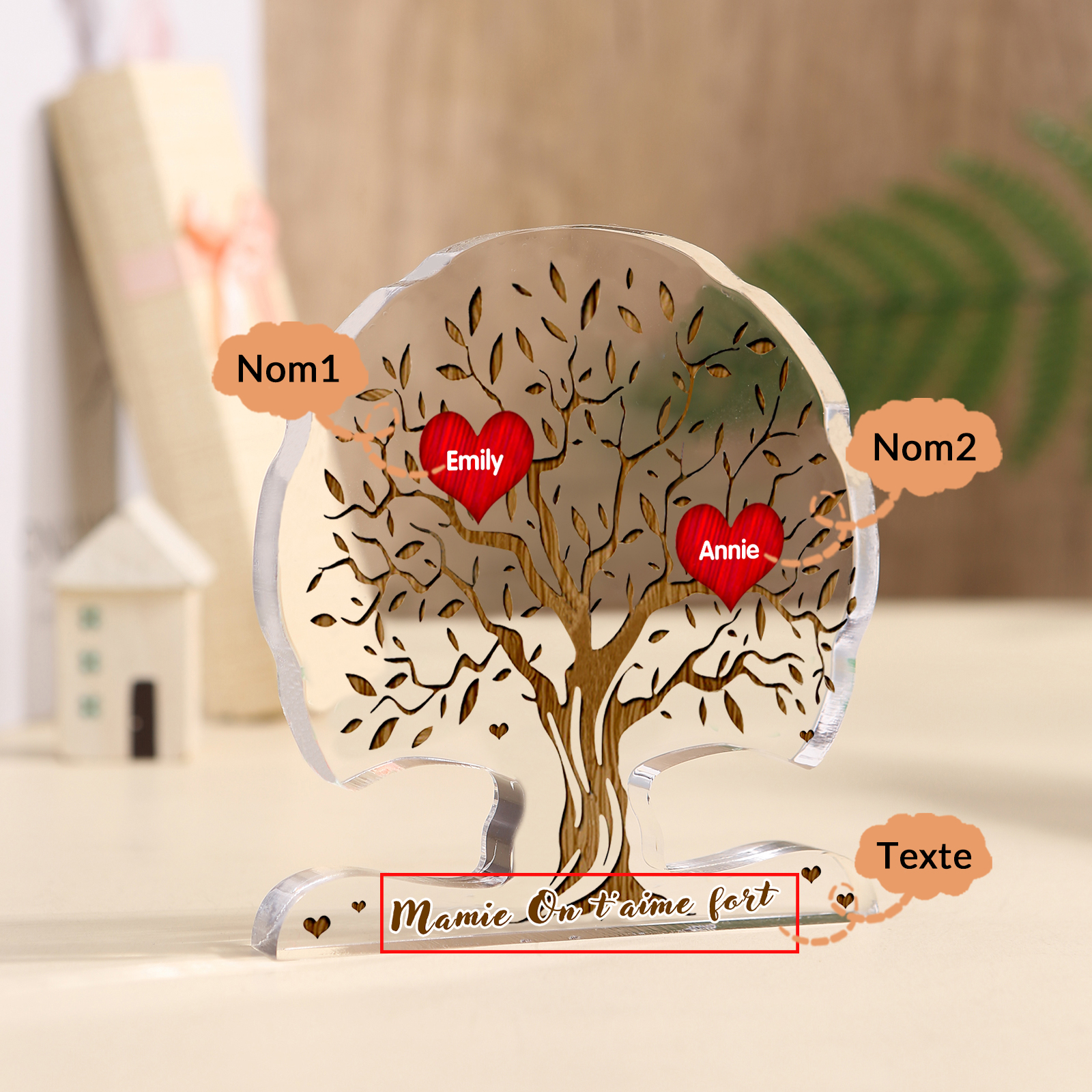 À Mamie - Plaque Acrylique en Forme d'Arbre de Vie 2 Prénoms Personnalisés avec Texte Cadeau Famille | Jessemade