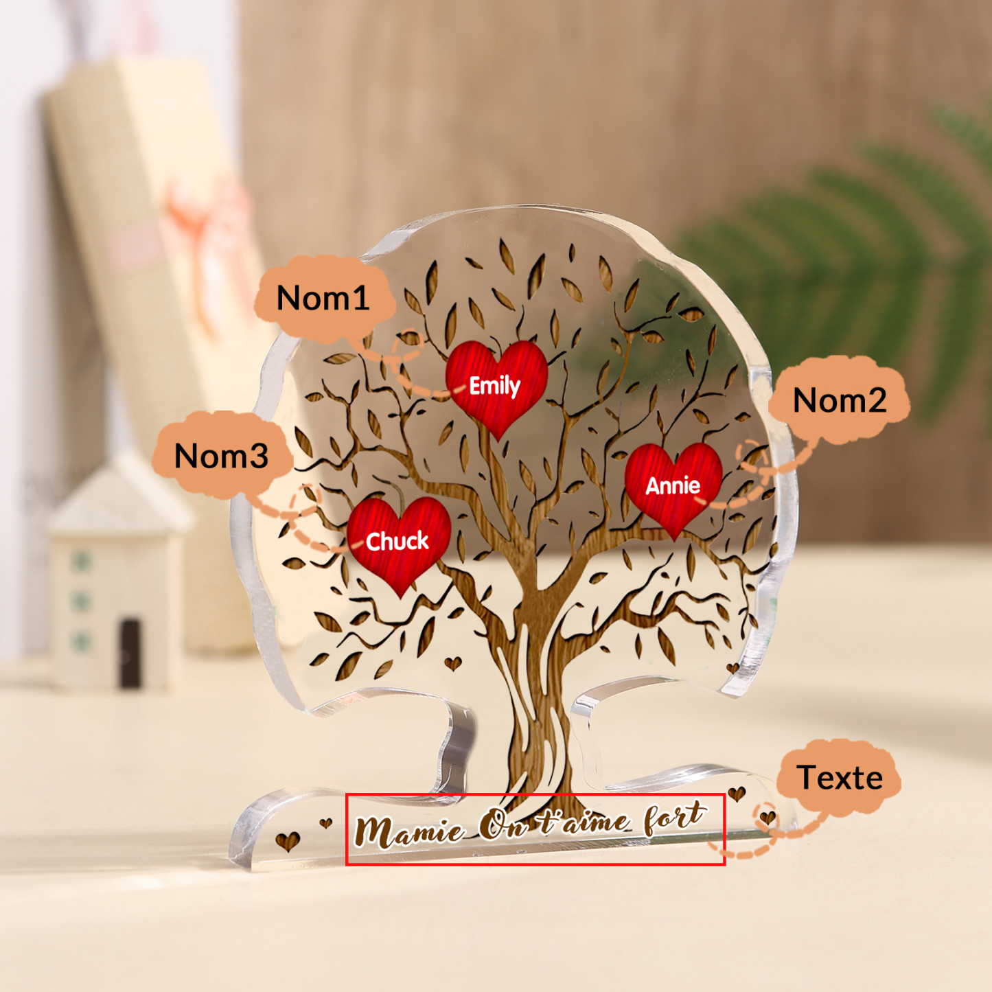 À Mamie - Plaque Acrylique en Forme d'Arbre de Vie 3 Prénoms Personnalisés avec Texte Cadeau Famille | Jessemade