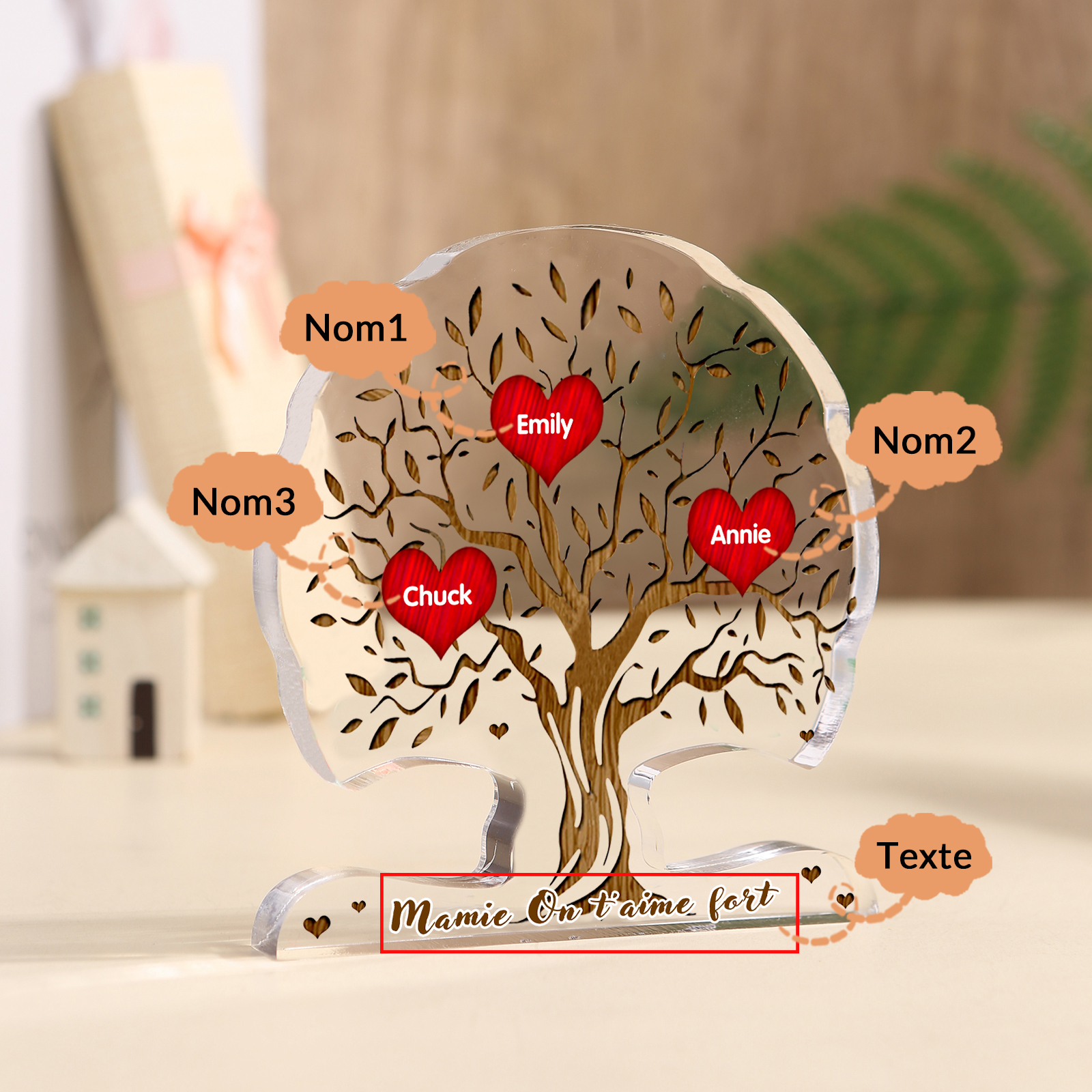 À Mamie - Plaque Acrylique en Forme d'Arbre de Vie 3 Prénoms Personnalisés avec Texte Cadeau Famille | Jessemade