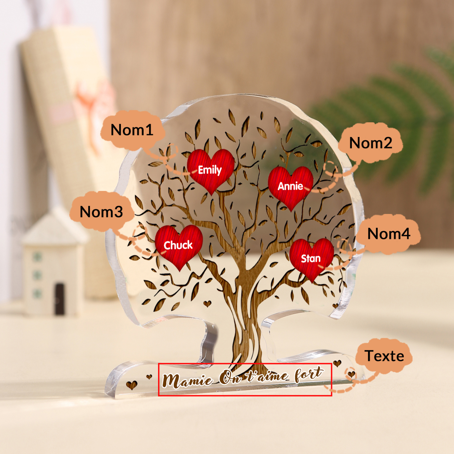 À Mamie - Plaque Acrylique en Forme d'Arbre de Vie 4 Prénoms Personnalisés avec Texte Cadeau Famille | Jessemade