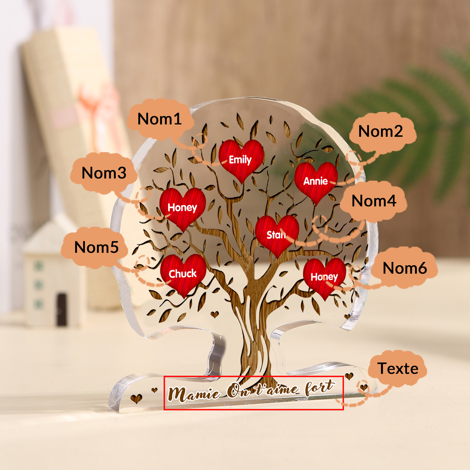 À Mamie - Plaque Acrylique en Forme d'Arbre de Vie 6 Prénoms Personnalisés avec Texte Cadeau Famille | Jessemade