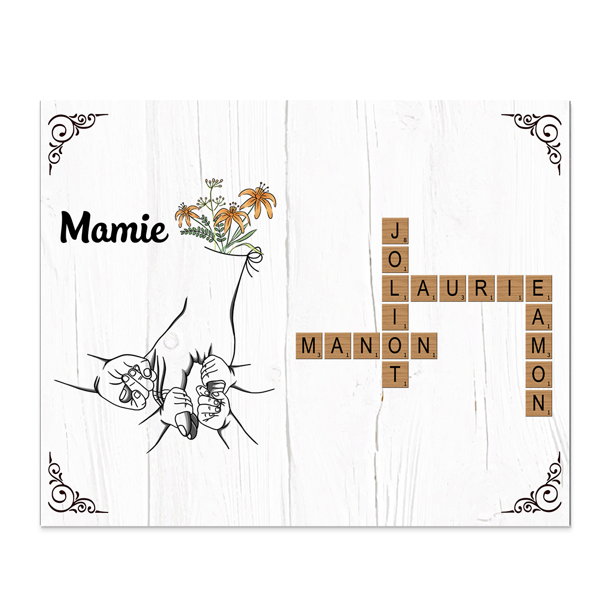 À Mamie - Cadre en Bois Grille de Mots Croisés 1-12 Prénoms Personnalisés Déco de Famille Cadeau Mamie | Jessemade