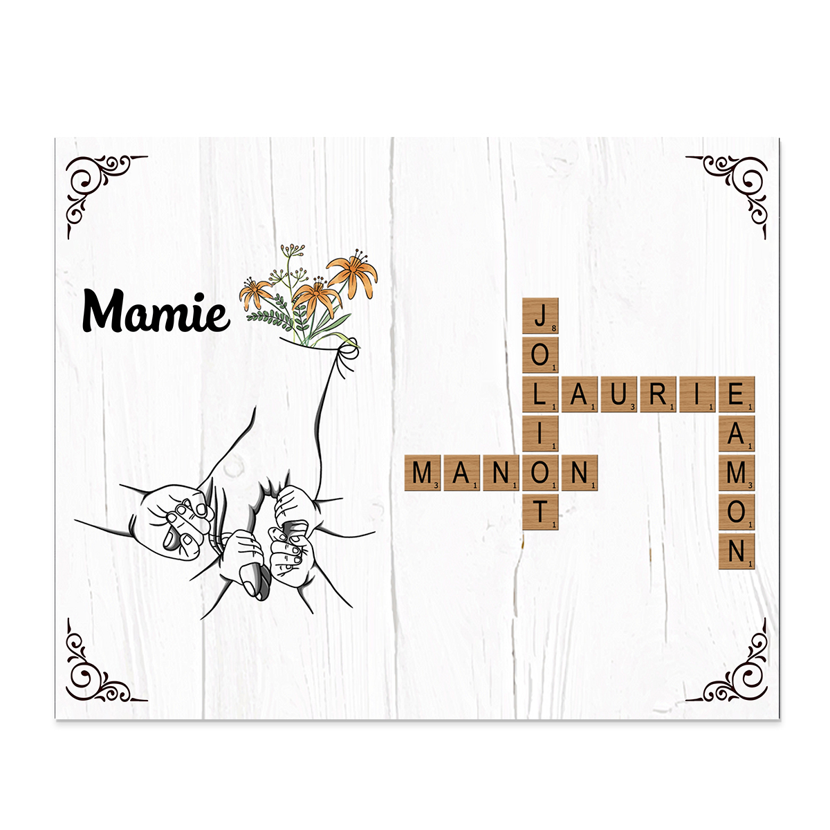 À Mamie - Cadre en Bois Grille de Mots Croisés 1-12 Prénoms Personnalisés Déco de Famille Cadeau Mamie | Jessemade