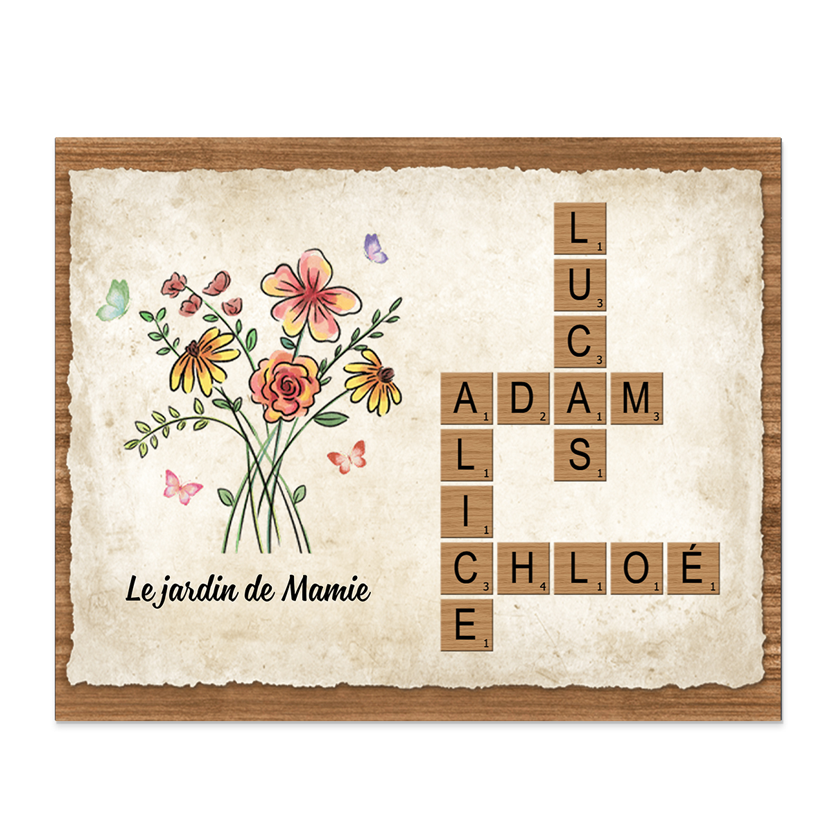 À Mamie - Cadre en Bois grille de mots croisés 1-7 Prénoms Personnalisés Jardin de Mamie Cadeau Pour Grand-Mère | Jessemade