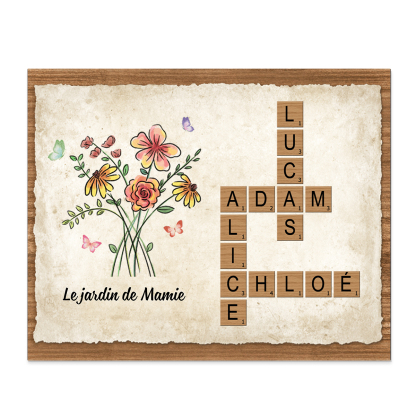 À Mamie - Cadre en Bois grille de mots croisés 1-7 Prénoms Personnalisés Jardin de Mamie Cadeau Pour Grand-Mère | Jessemade