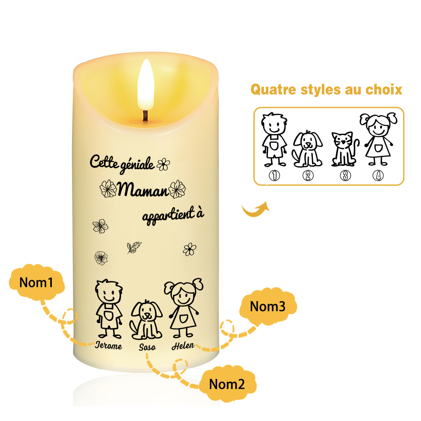 À Maman - Bougie Électronique Personnalisée avec 3 Prénoms et 3 Dessins Bougie LED Avec Coffret pour Maman | Jessemade