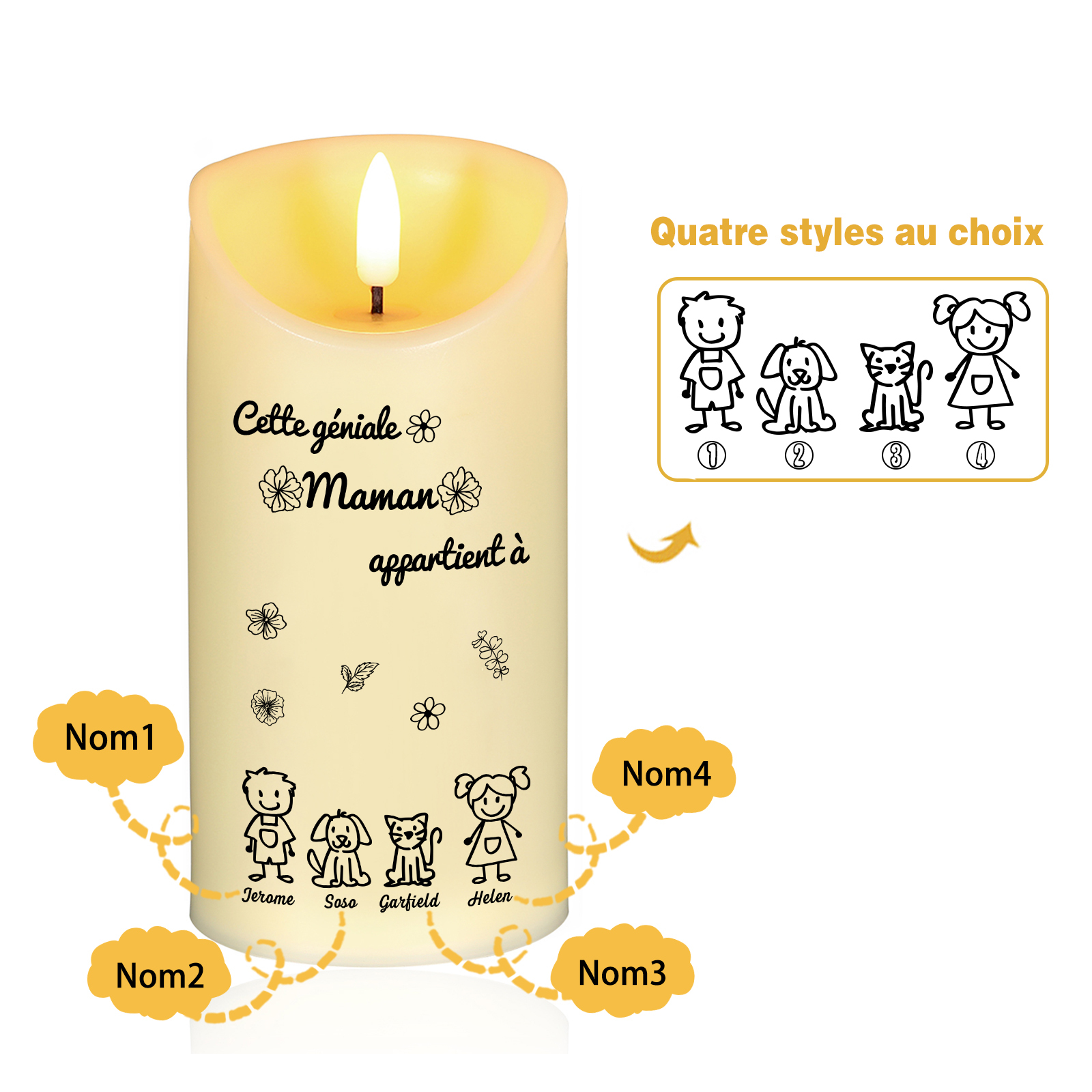 À Maman - Bougie Électronique Personnalisée avec 4 Prénoms et 4 Dessins Bougie LED Avec Coffret pour Maman | Jessemade