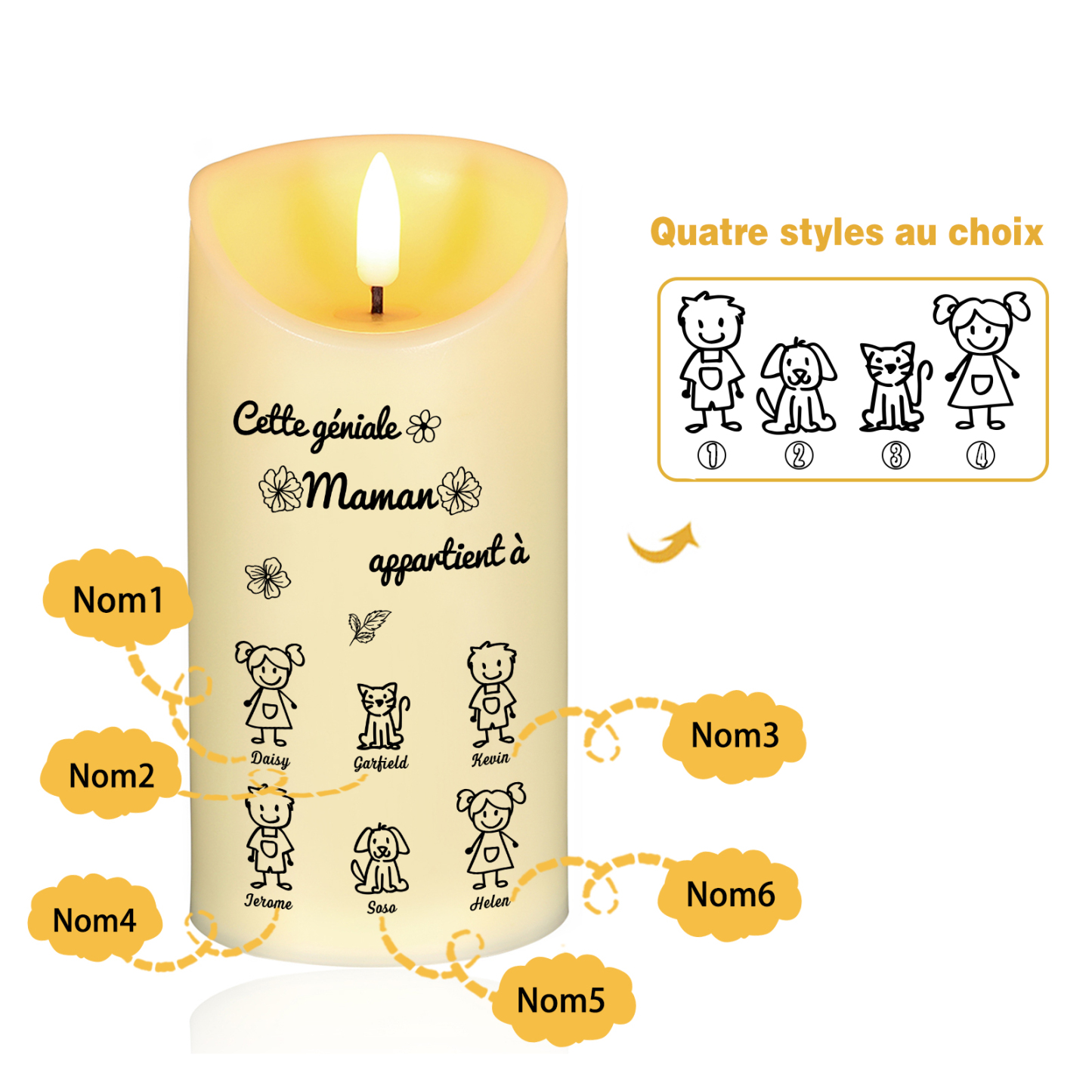 À Maman - Bougie Électronique Personnalisée avec 6 Prénoms et 6 Dessins Bougie LED Avec Coffret pour Maman | Jessemade