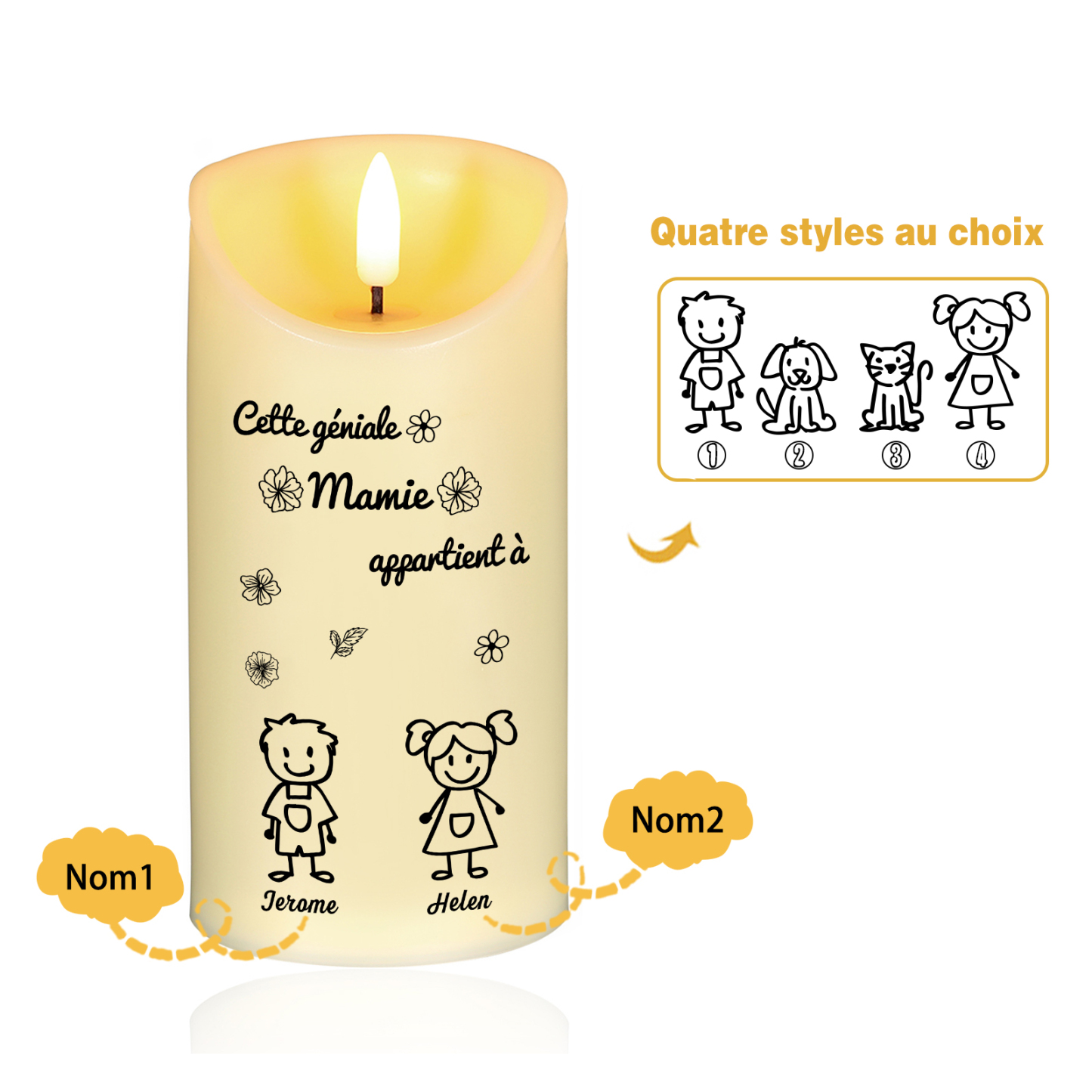À Mamie - Bougie Électronique 2 Prénoms Personnalisés avec 2 Dessins Bougie LED Avec Coffret pour Mamie | Jessemade
