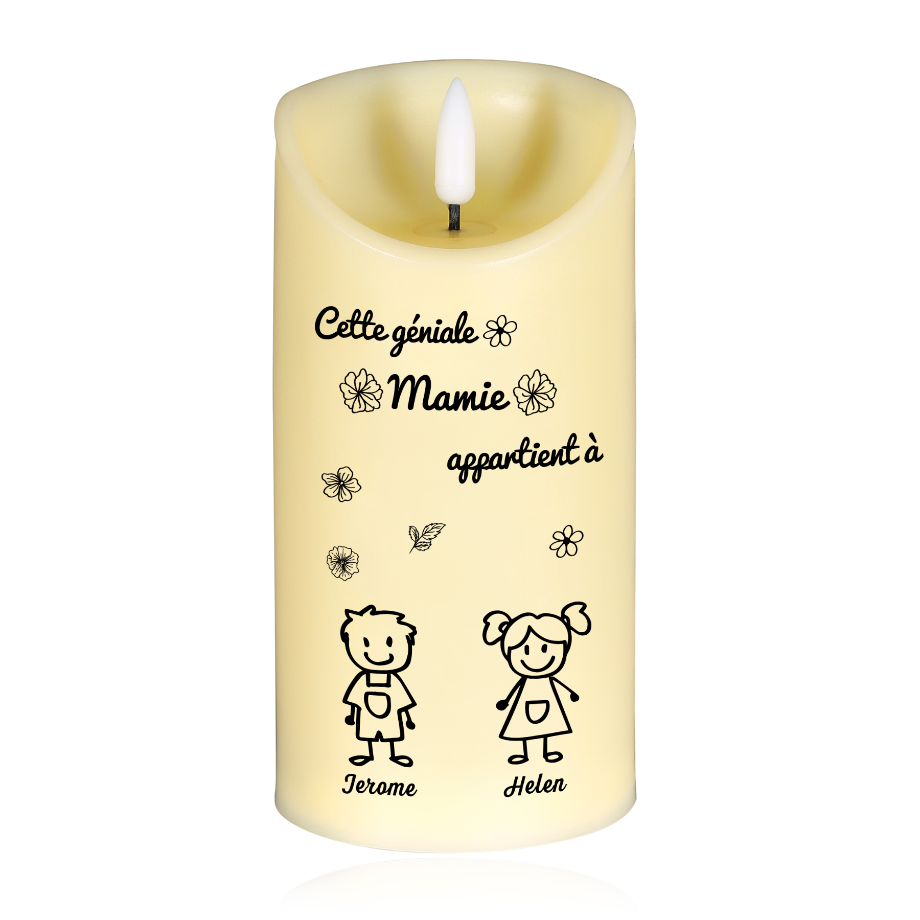 À Mamie - Bougie Électronique 2 Prénoms Personnalisés avec 2 Dessins Bougie LED Avec Coffret pour Mamie | Jessemade