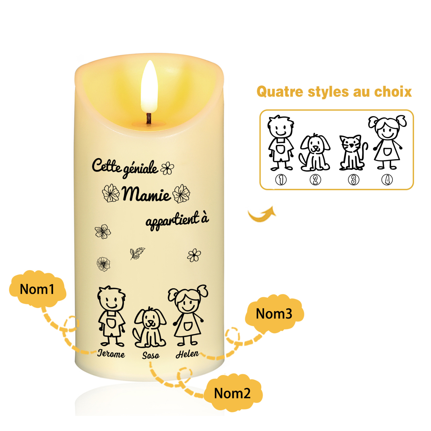 À Mamie - Bougie Électronique 3 Prénoms Personnalisés avec 3 Dessins Bougie LED Avec Coffret pour Mamie | Jessemade