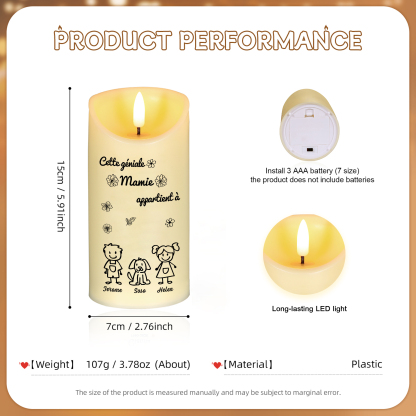 À Mamie - Bougie Électronique 3 Prénoms Personnalisés avec 3 Dessins Bougie LED Avec Coffret pour Mamie | Jessemade