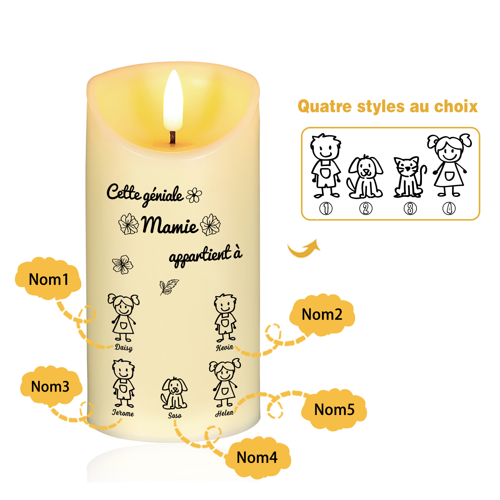 À Mamie - Bougie Électronique 5 Prénoms Personnalisés avec 5 Dessins Bougie LED Avec Coffret pour Mamie | Jessemade