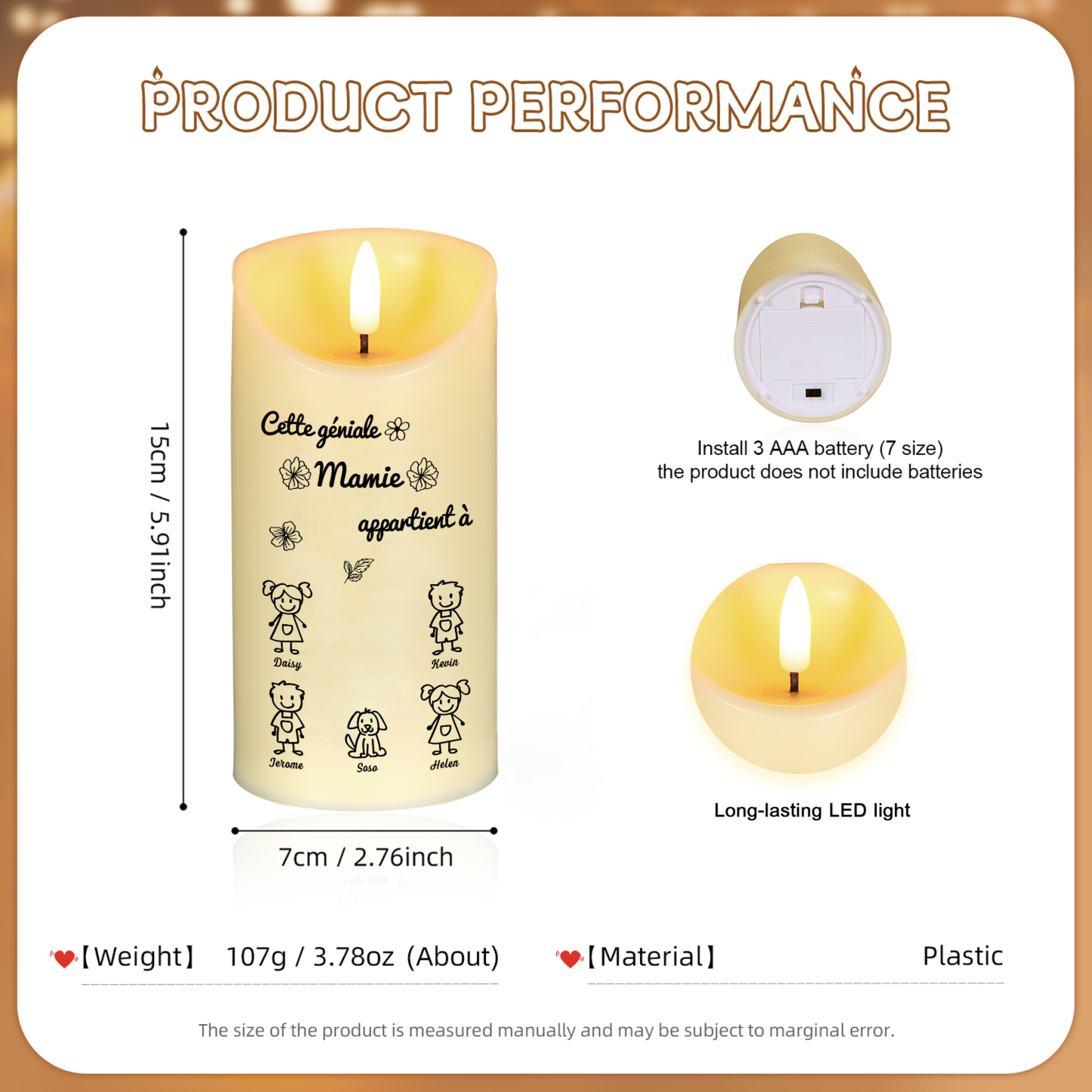 À Mamie - Bougie Électronique 5 Prénoms Personnalisés avec 5 Dessins Bougie LED Avec Coffret pour Mamie | Jessemade