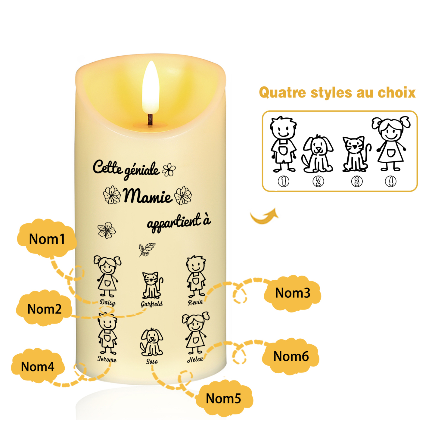 À Mamie - Bougie Électronique 6 Prénoms Personnalisés avec 6 Dessins Bougie LED Avec Coffret pour Mamie | Jessemade