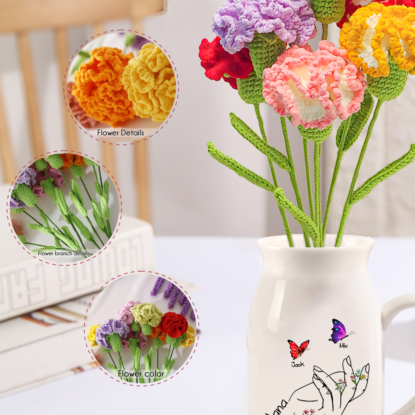 Bouquet de Fleurs au Crochet Fait Main – Roses, Tulipes ou Œillets en Fil Doux | Jessemade