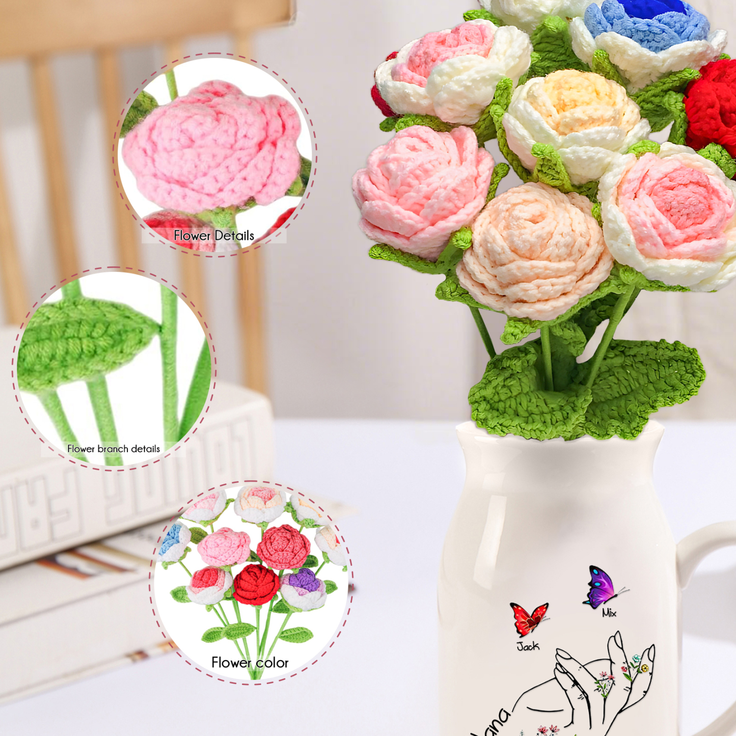 Bouquet de Fleurs au Crochet Fait Main – Roses, Tulipes ou Œillets en Fil Doux | Jessemade