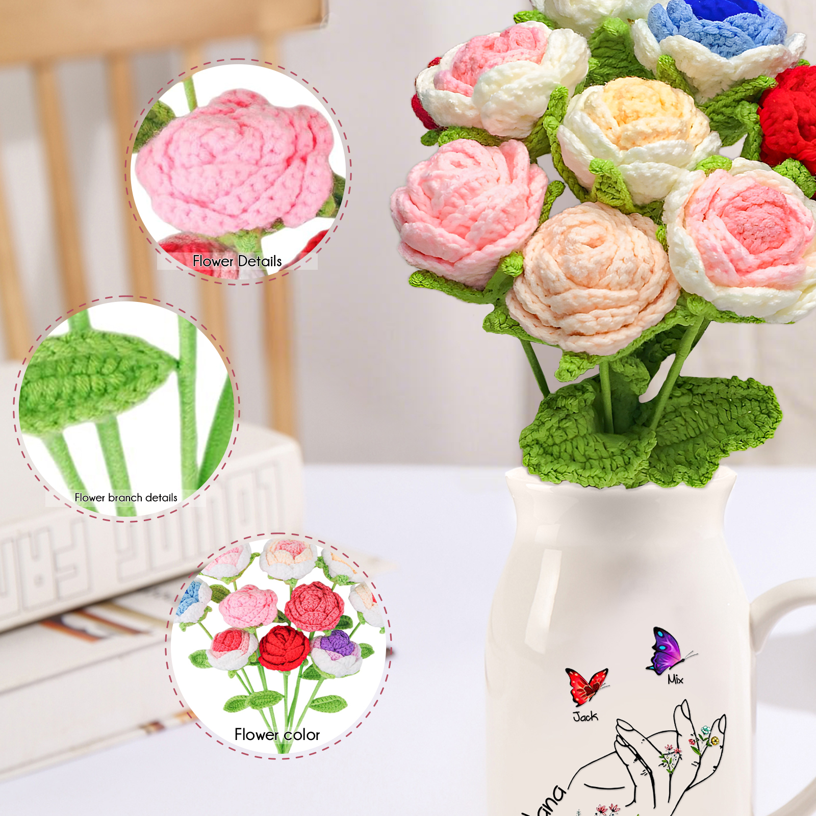 Bouquet de Fleurs au Crochet Fait Main – Roses, Tulipes ou Œillets en Fil Doux | Jessemade