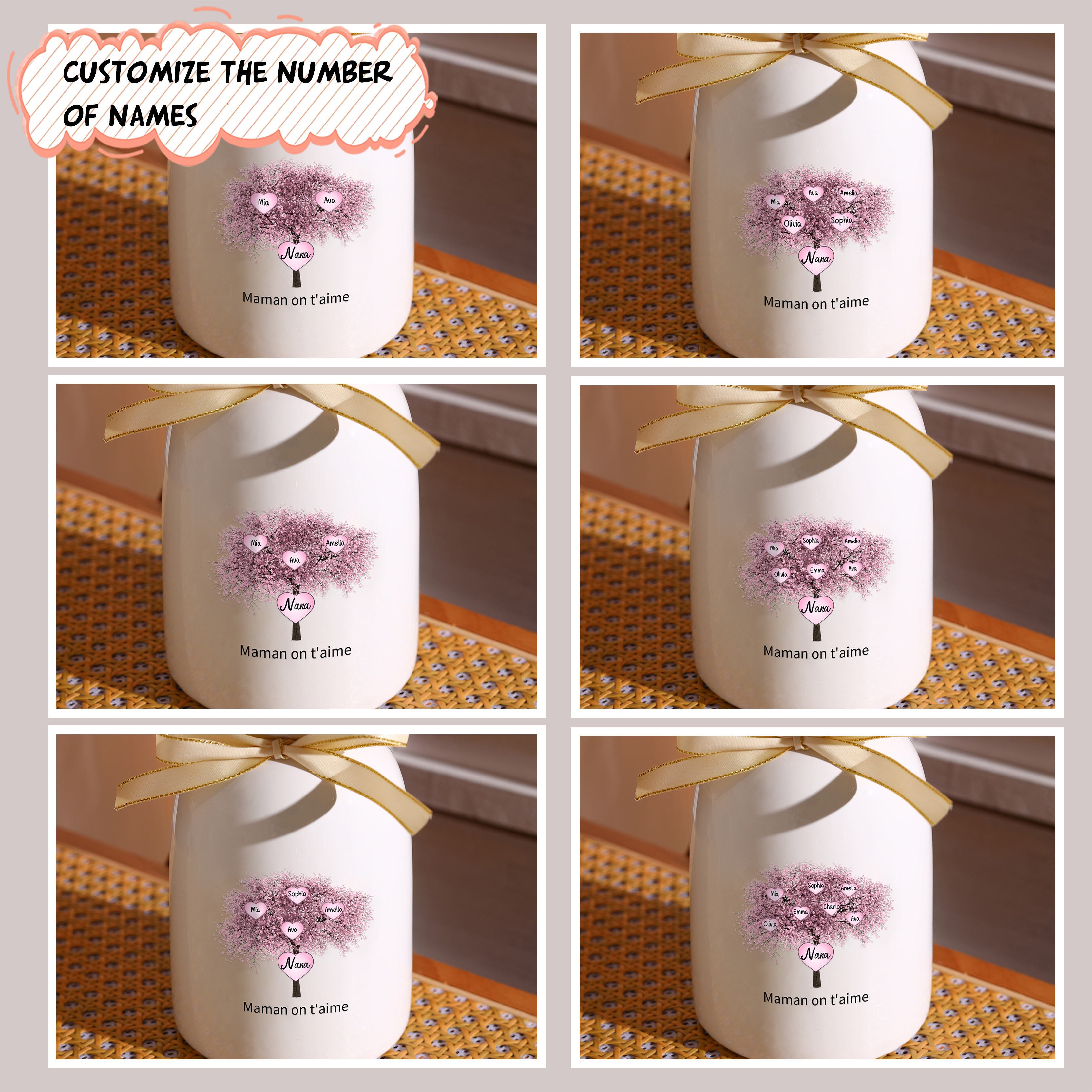 À Maman/Mamie - Vase Personnalisés avec 3-8 Prénoms et 1 Texte Vase en Céramique (sans fleurs) | Jessemade