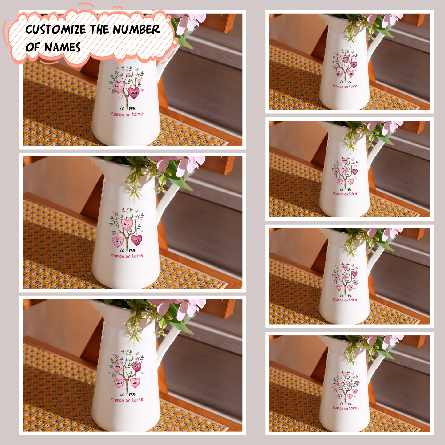 À Maman/Mamie - Vase Personnalisé 2-8 Prénoms et 1 Date avec 1 Texte Vase Forme Pichet en Céramique (sans fleurs) | Jessemade