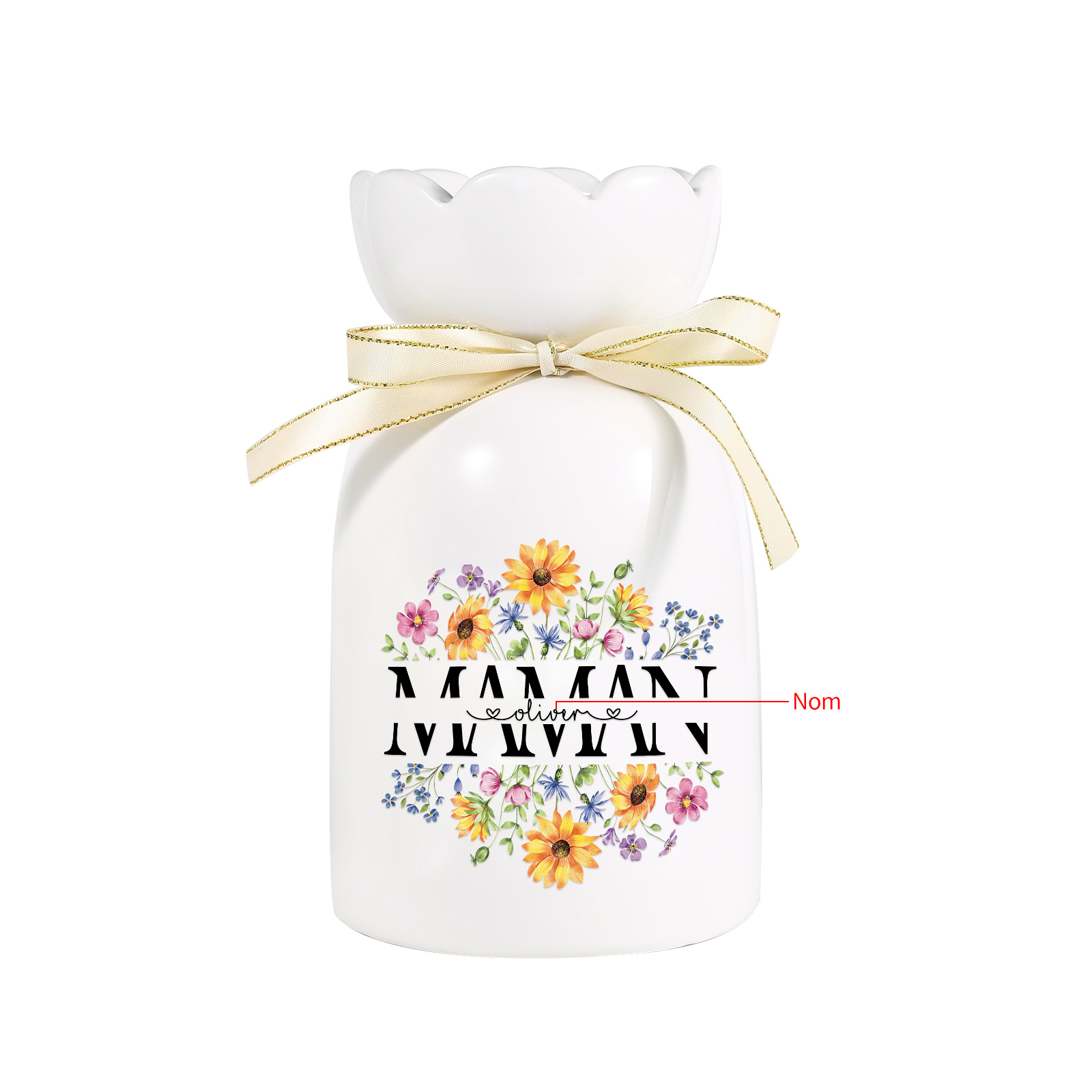 À ma Maman-Vase à Fleurs avec Ruban 1 Prénom Personnalisé Vase en Céramique (sans fleurs) | Jessemade