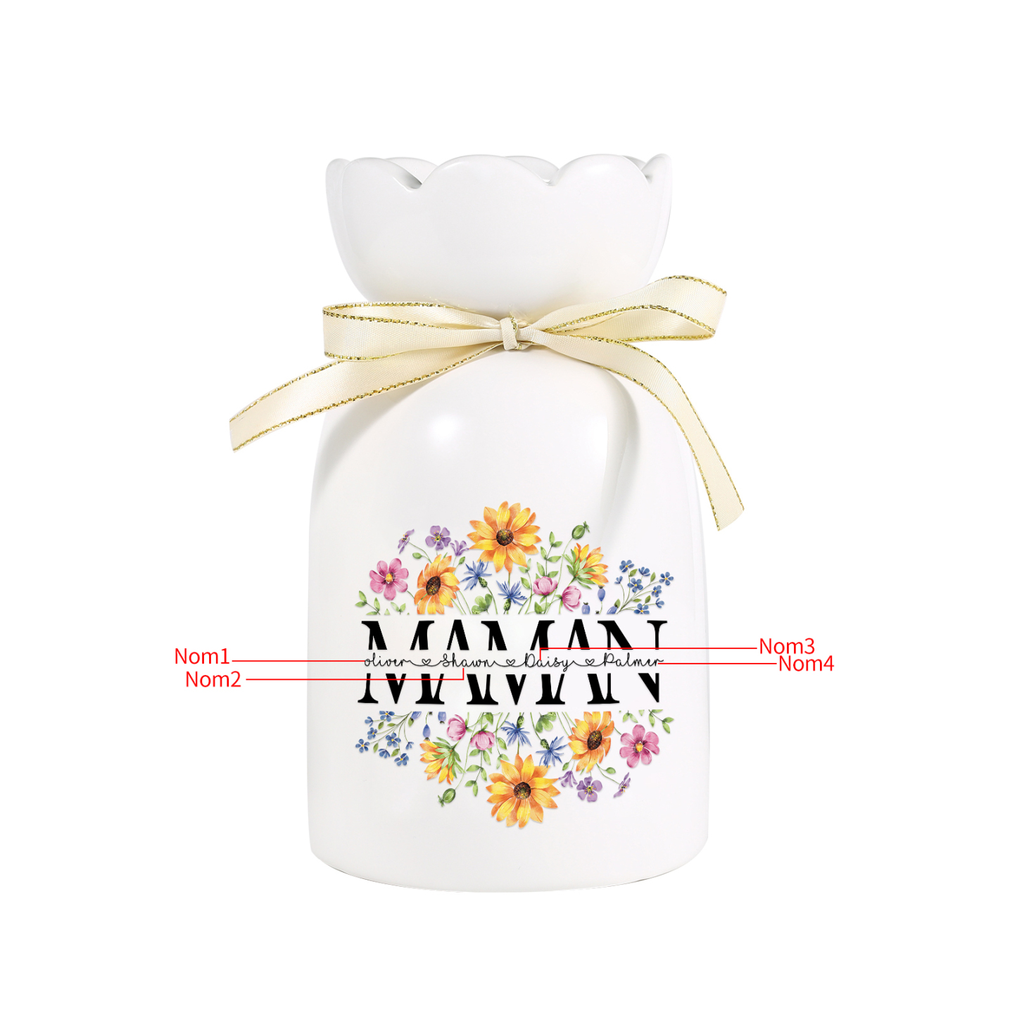 À ma Maman-Vase à Fleurs avec Ruban 4 Prénoms Personnalisés Vase en Céramique (sans fleurs) | Jessemade