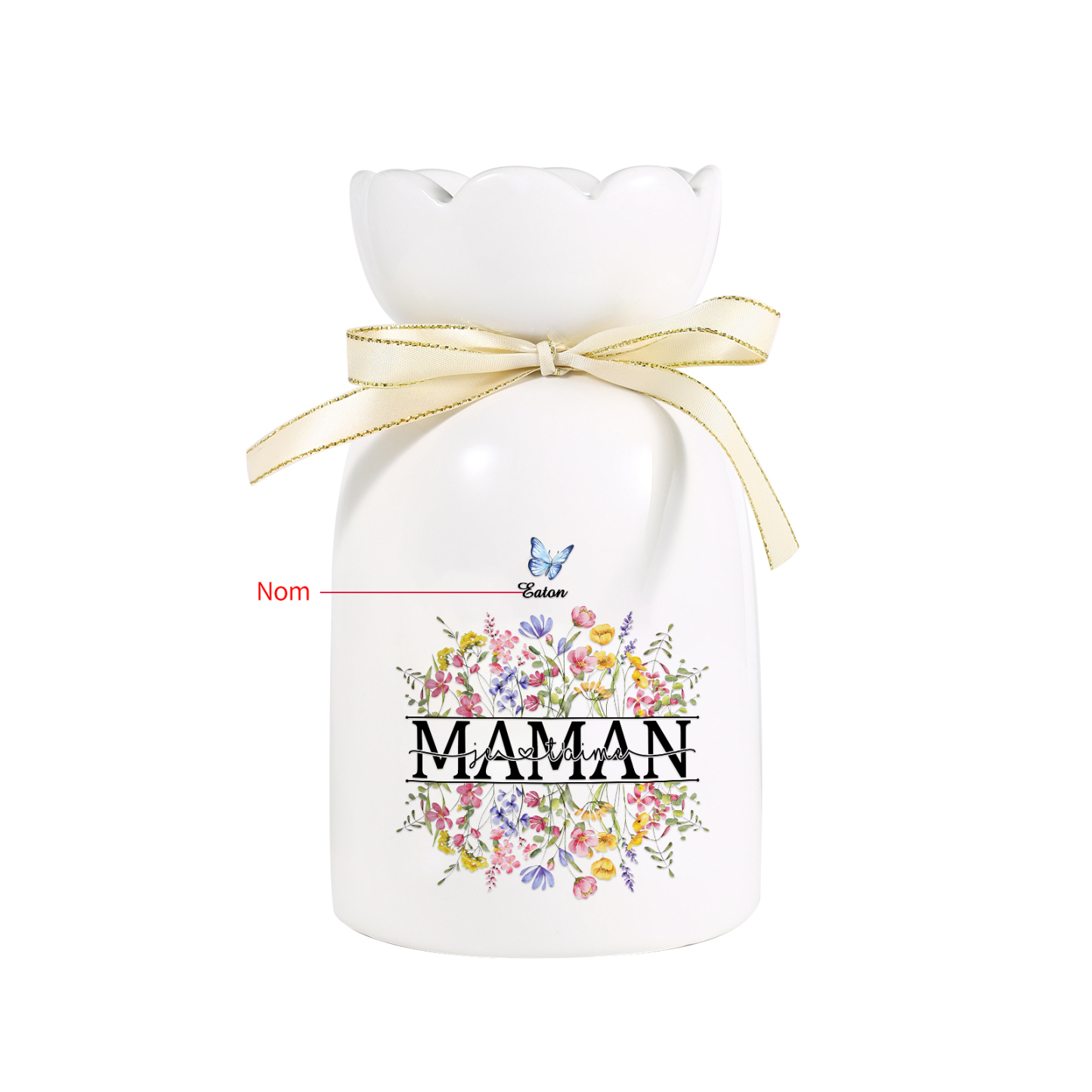 À ma Maman-Vase Personnalisé avec 1-5 Prénoms Vase Fluers et Papillon avec Ruban en Céramique (sans fleurs) | Jessemade
