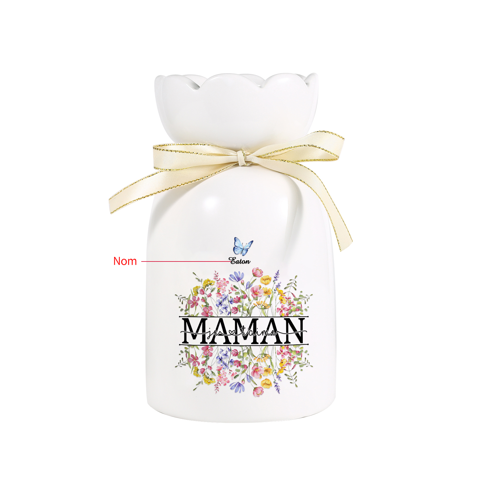 À ma Maman-Vase Personnalisé avec 1-5 Prénoms Vase Fluers et Papillon avec Ruban en Céramique (sans fleurs) | Jessemade
