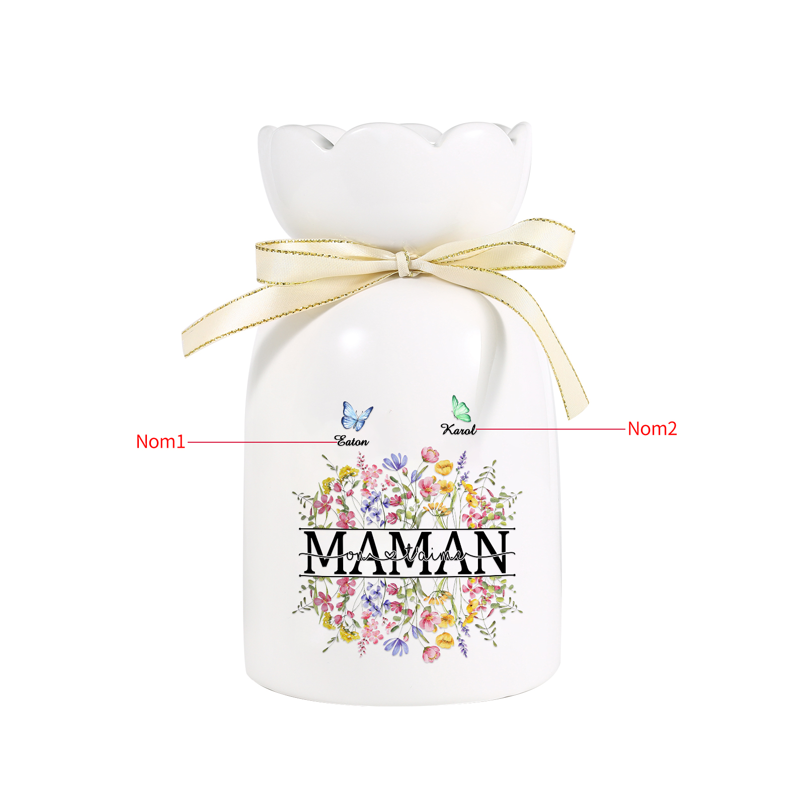 À ma Maman-Vase Personnalisé avec 1-5 Prénoms Vase Fluers et Papillon avec Ruban en Céramique (sans fleurs) | Jessemade
