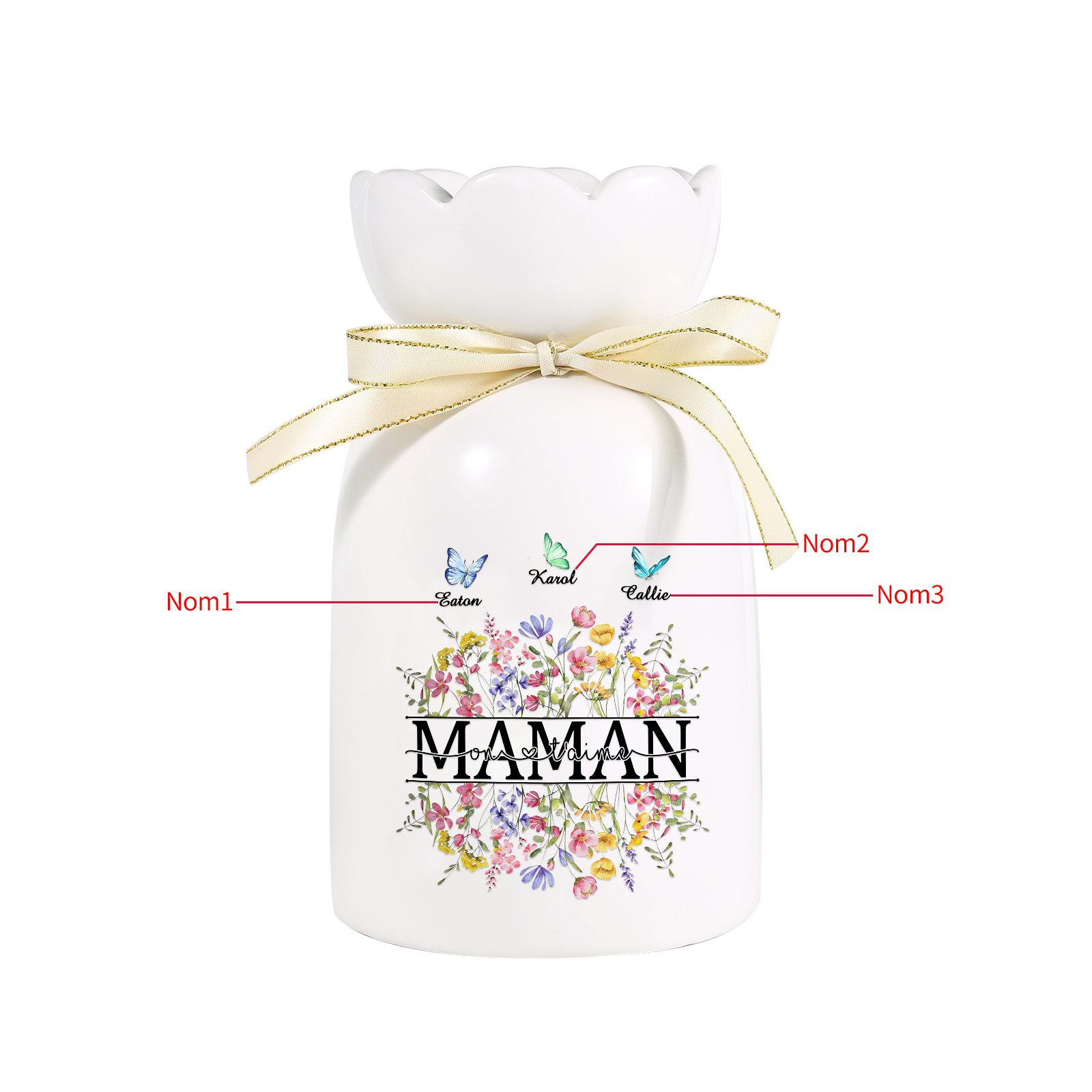 À ma Maman-Vase Personnalisé avec 1-5 Prénoms Vase Fluers et Papillon avec Ruban en Céramique (sans fleurs) | Jessemade