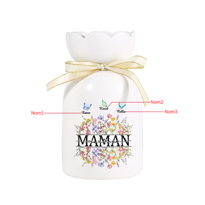 À ma Maman-Vase Personnalisé avec 1-5 Prénoms Vase Fluers et Papillon avec Ruban en Céramique (sans fleurs) | Jessemade
