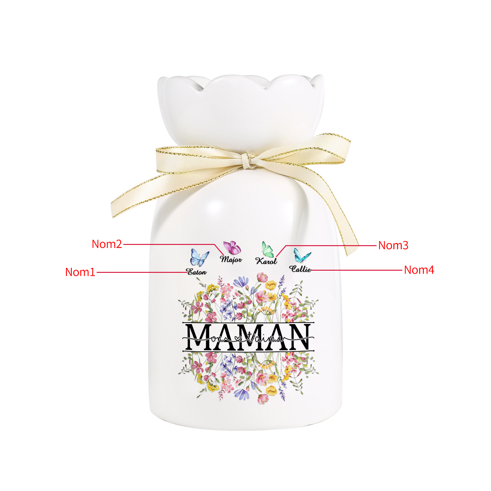 À ma Maman-Vase Personnalisé avec 1-5 Prénoms Vase Fluers et Papillon avec Ruban en Céramique (sans fleurs) | Jessemade