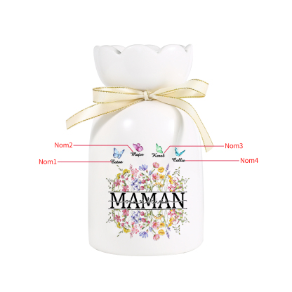 À ma Maman-Vase Personnalisé avec 1-5 Prénoms Vase Fluers et Papillon avec Ruban en Céramique (sans fleurs) | Jessemade