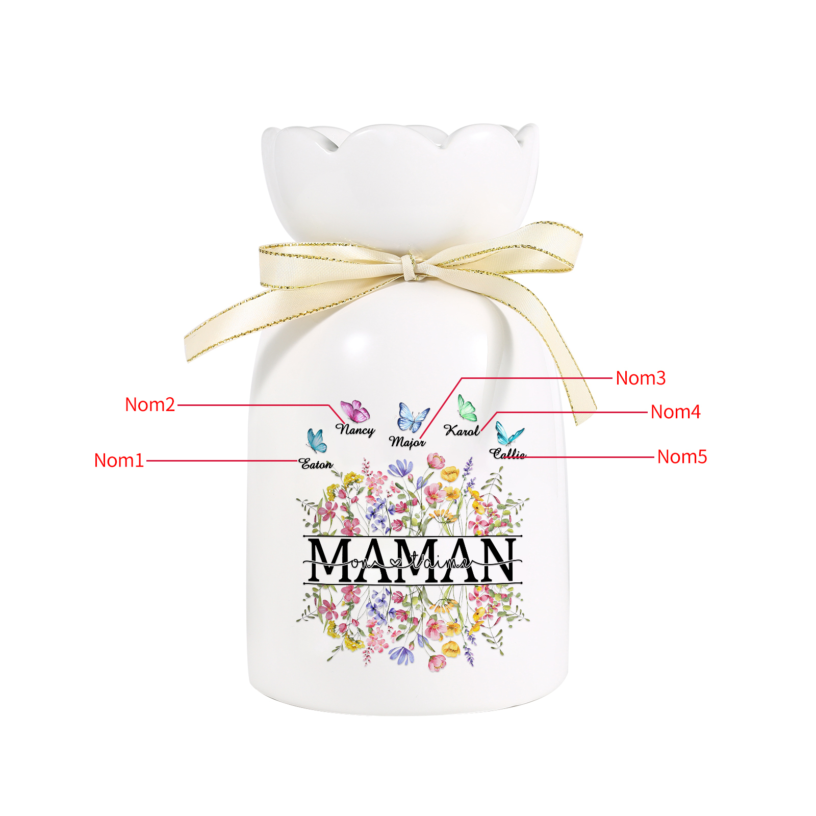 À ma Maman-Vase Personnalisé avec 1-5 Prénoms Vase Fluers et Papillon avec Ruban en Céramique (sans fleurs) | Jessemade