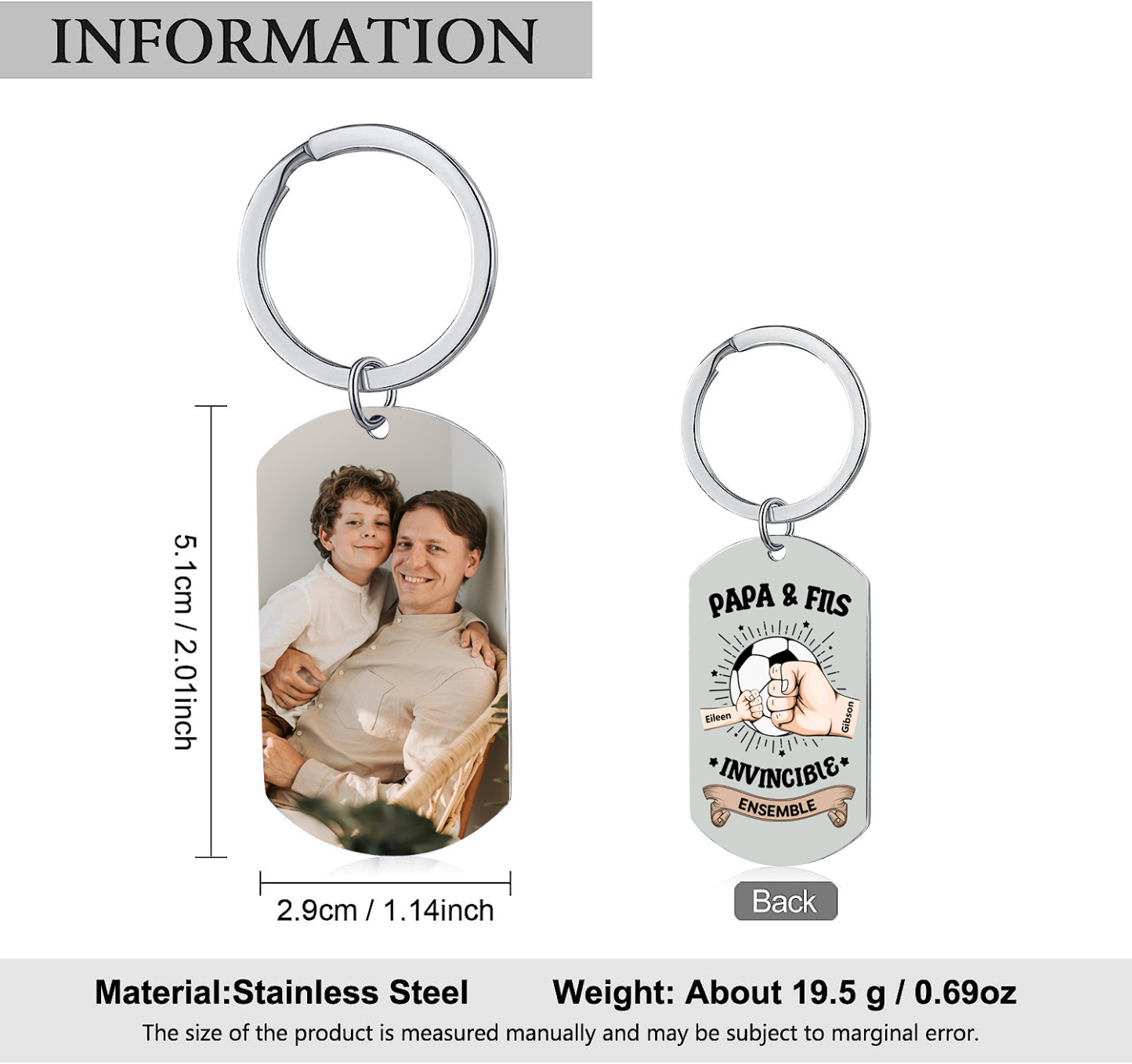 À mon Papa-Porte-Clés Personnalisé Foot avec 2 Prénoms et Poings avec Photo Cadeau Unique Lien Familial  | Jessemade