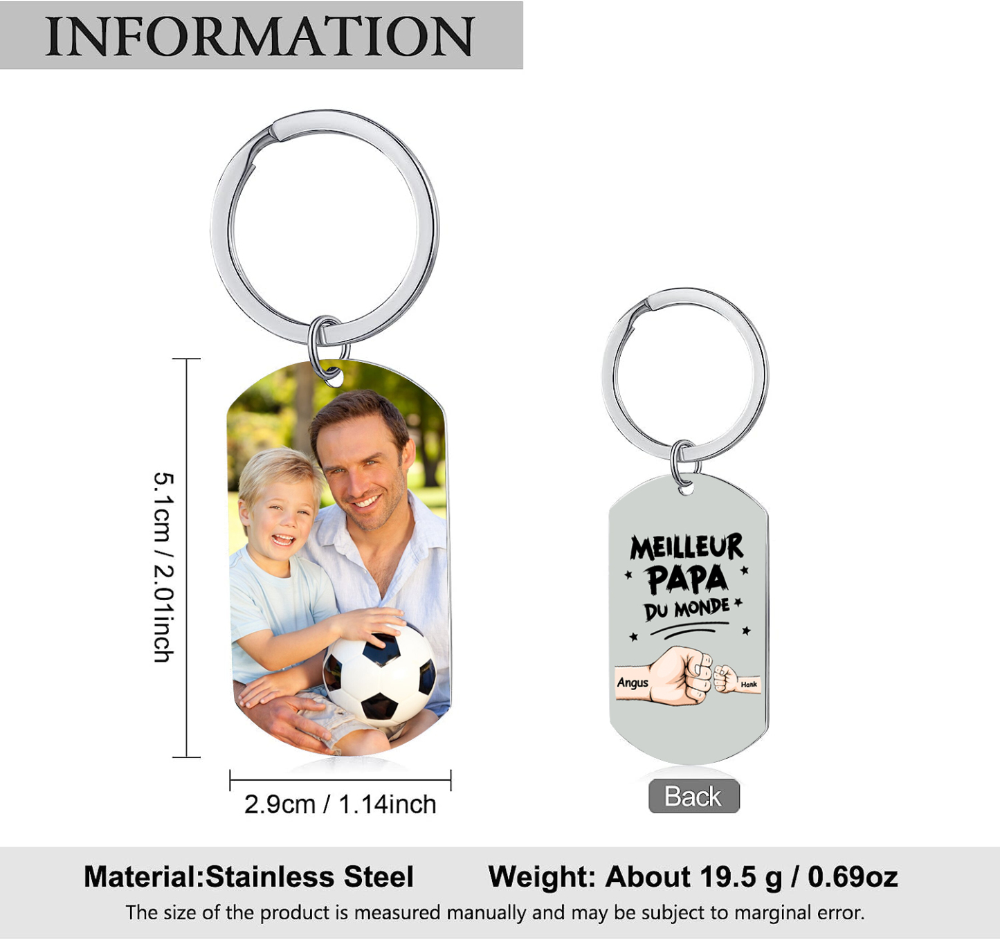 À mon Papa - Porte-Clés Personnalisé avec 2-5 Prénoms et Poings avec 1 Photo Cadeau pour “Meilleur Papa du Monde”  | Jessemade