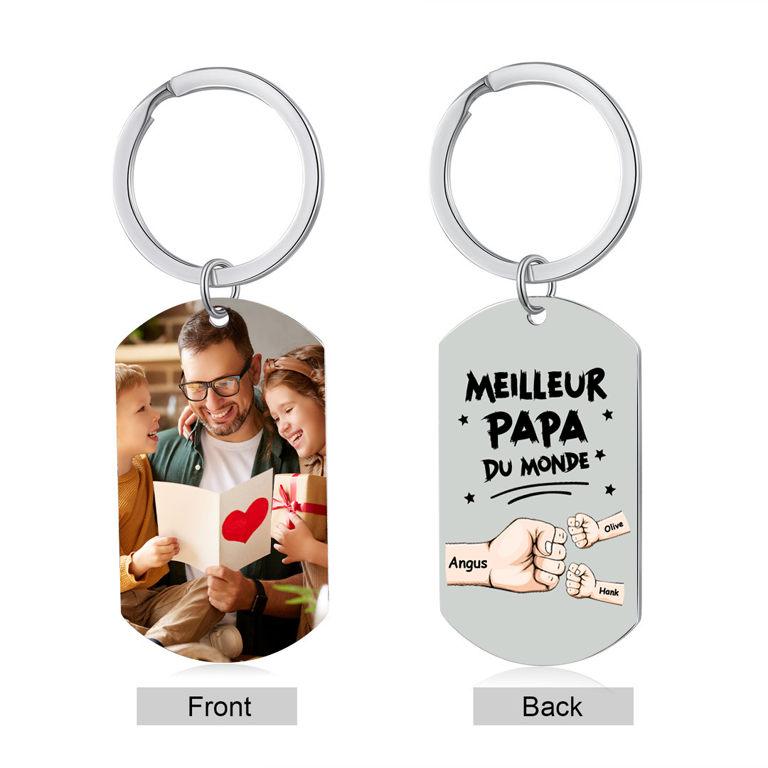 À mon Papa - Porte-Clés Personnalisé avec 2-5 Prénoms et Poings avec 1 Photo Cadeau pour “Meilleur Papa du Monde” | Jessemade