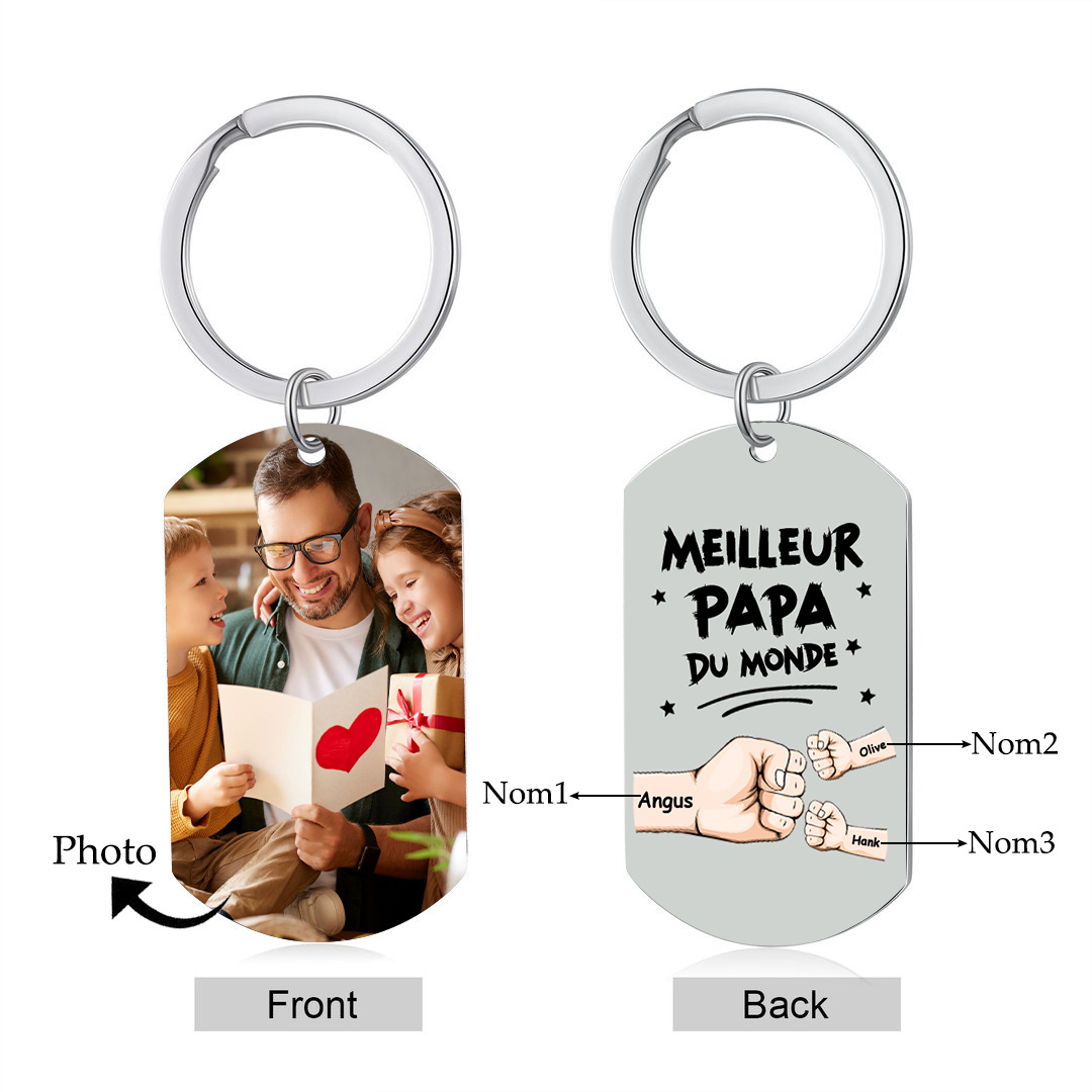 À mon Papa - Porte-Clés Personnalisé avec 2-5 Prénoms et Poings avec 1 Photo Cadeau pour “Meilleur Papa du Monde” | Jessemade