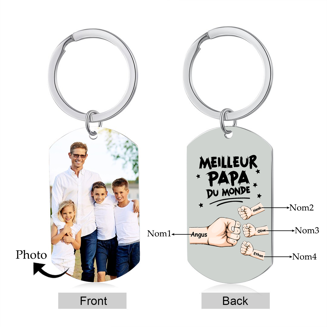 À mon Papa - Porte-Clés Personnalisé avec 2-5 Prénoms et Poings avec 1 Photo Cadeau pour “Meilleur Papa du Monde” | Jessemade