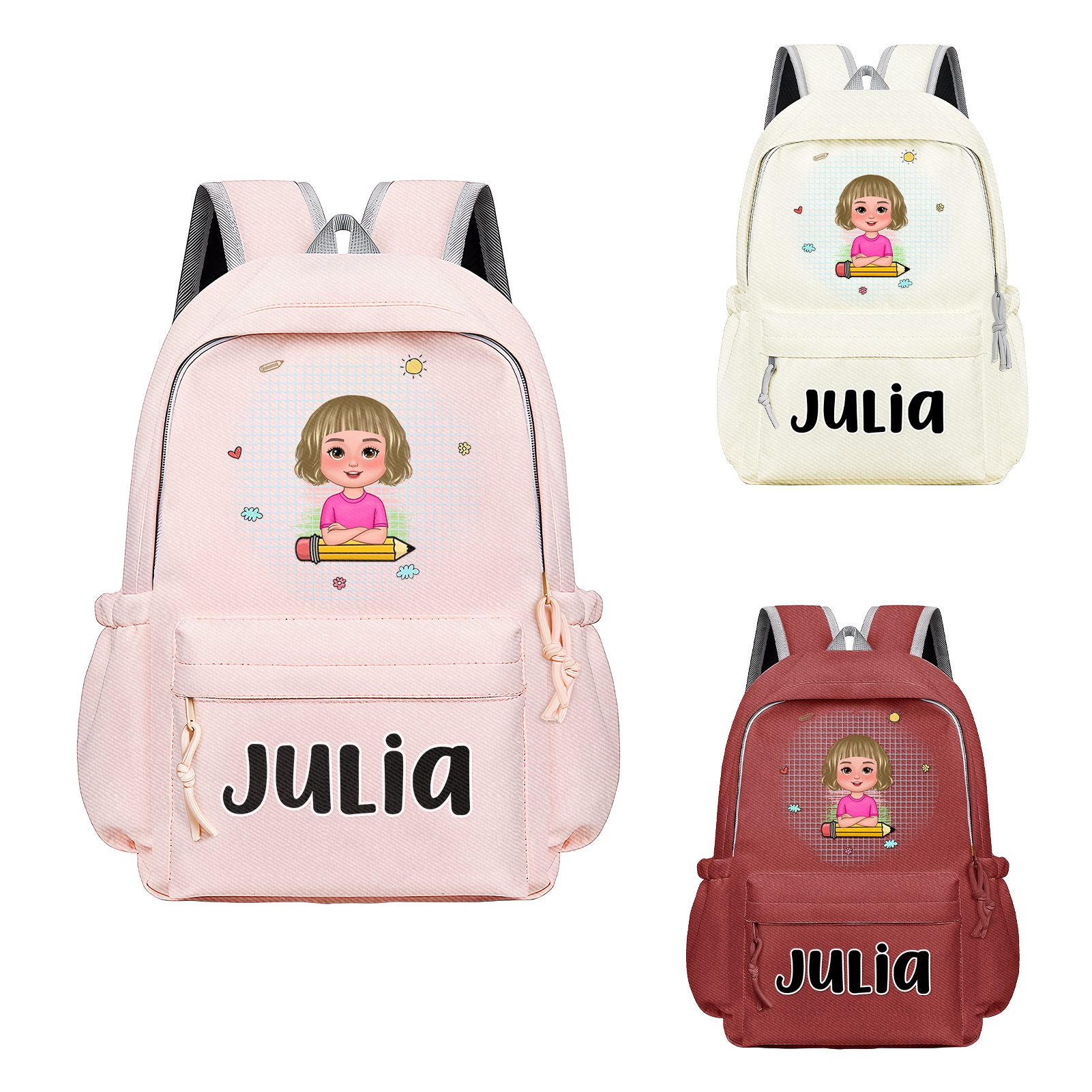 Cadeaux Rentrée Scolaire — Sac à dos Personnalisable avec Prénom et Illustration Rose/Rouge/Blance | Jessemade