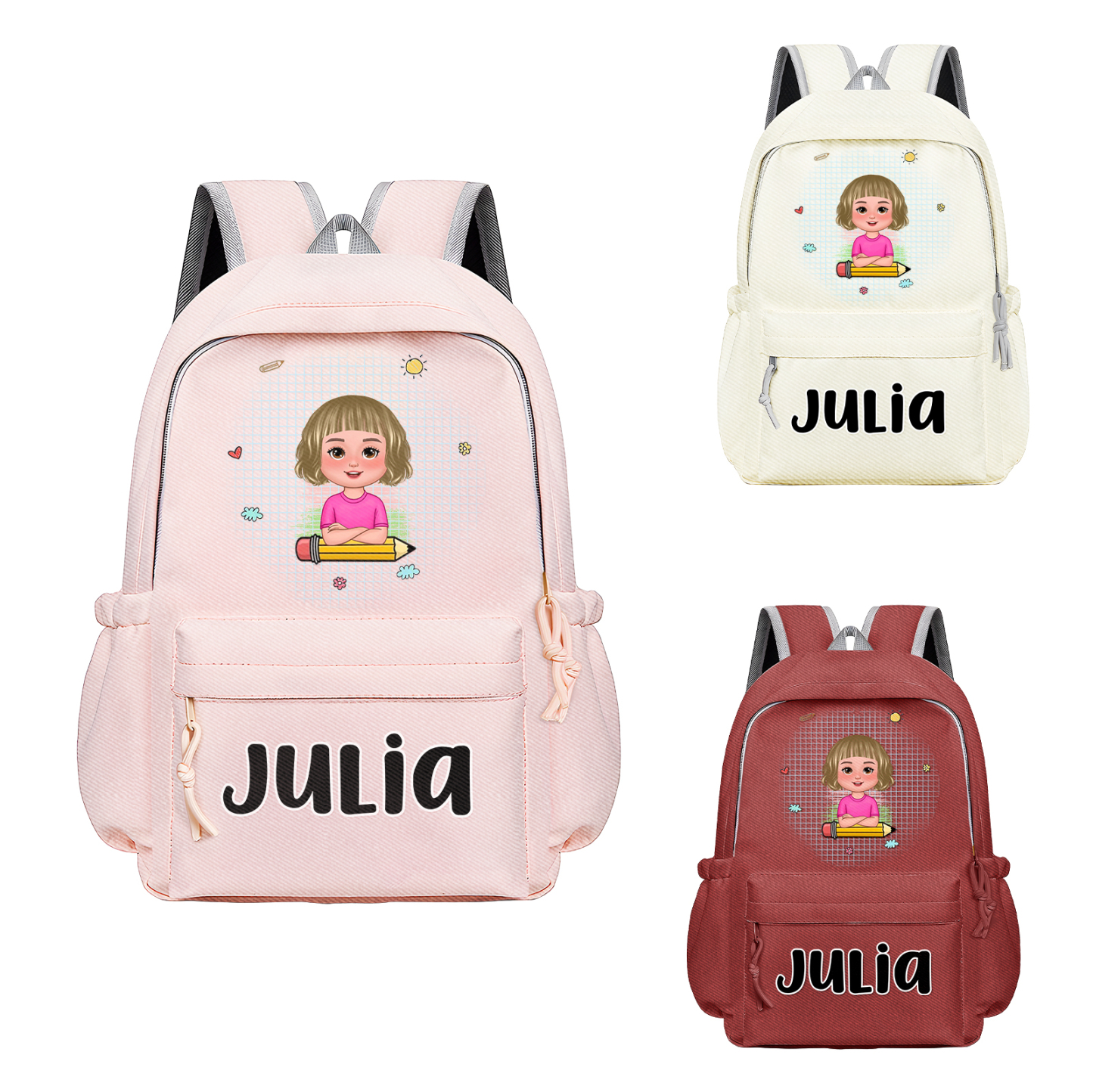 Cadeaux Rentrée Scolaire — Sac à dos Personnalisable avec Prénom et Illustration Rose/Rouge/Blance | Jessemade
