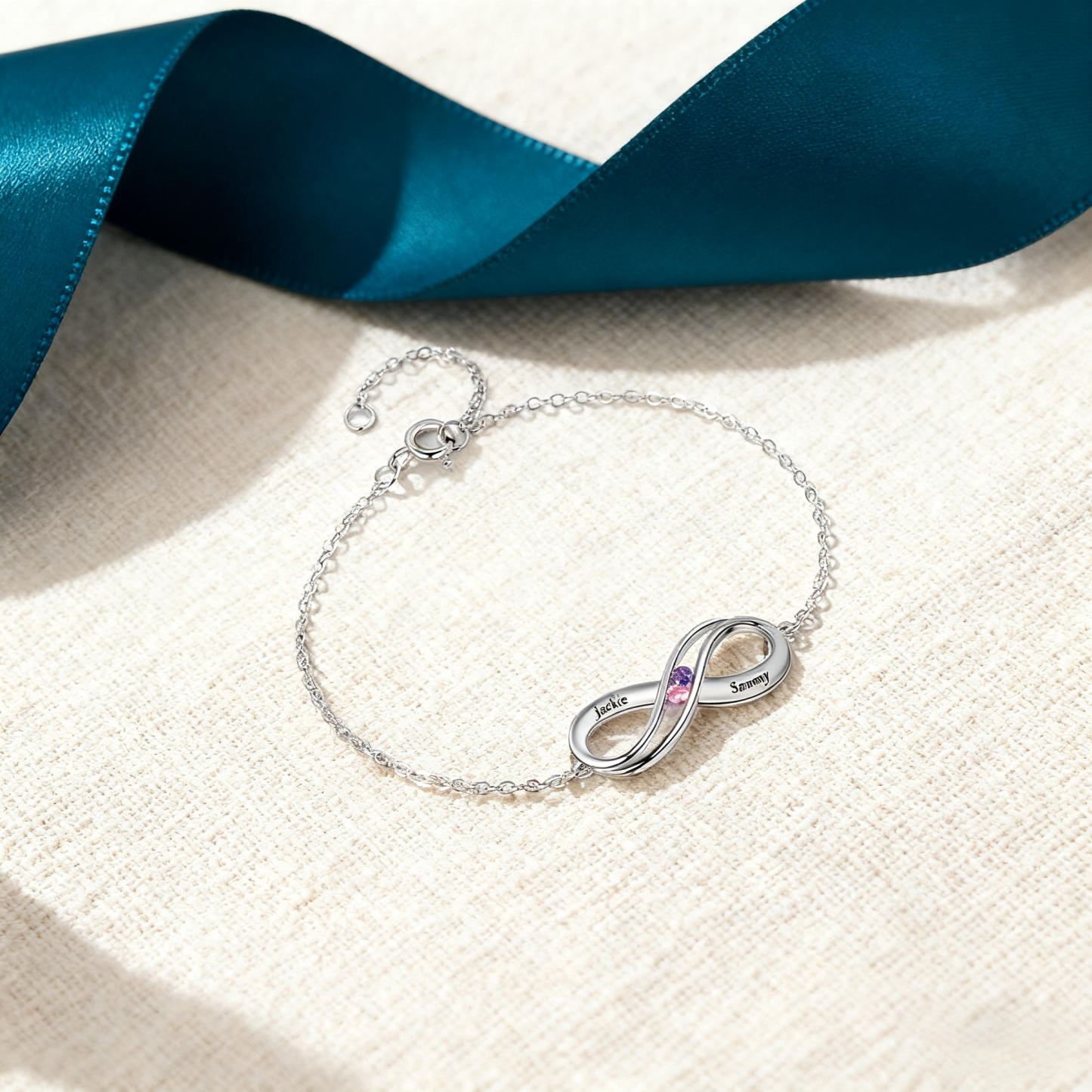 Bracelet Infini en Argent 925 réglable personnalisé avec 2 Pierres de Naissance et Noms