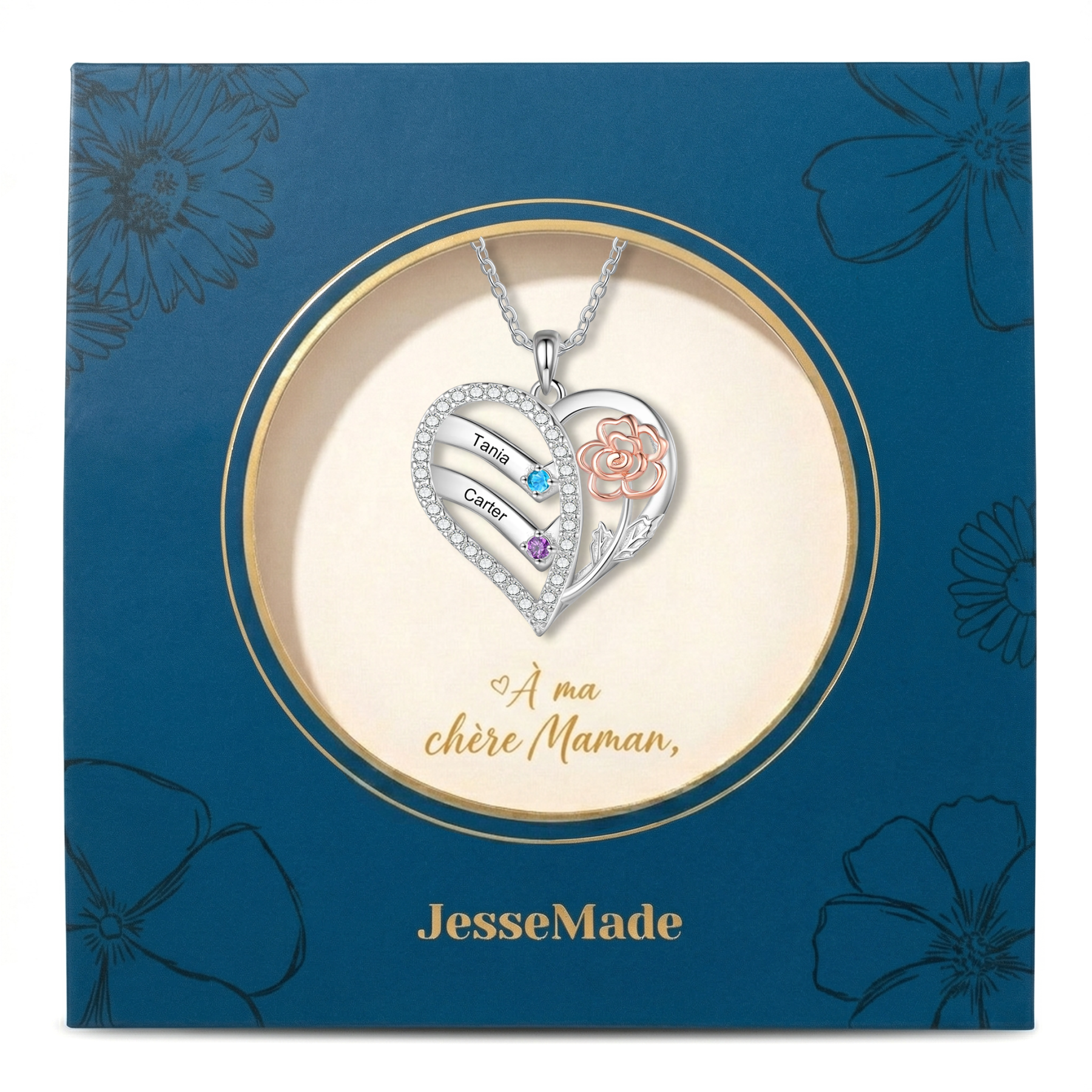 Collier Coeur Personnalisé avec 2-4 Prénoms Gravures et Pierres de naissance Collier Personnalisé Cœur et Fleur pour Femme | Jessemade